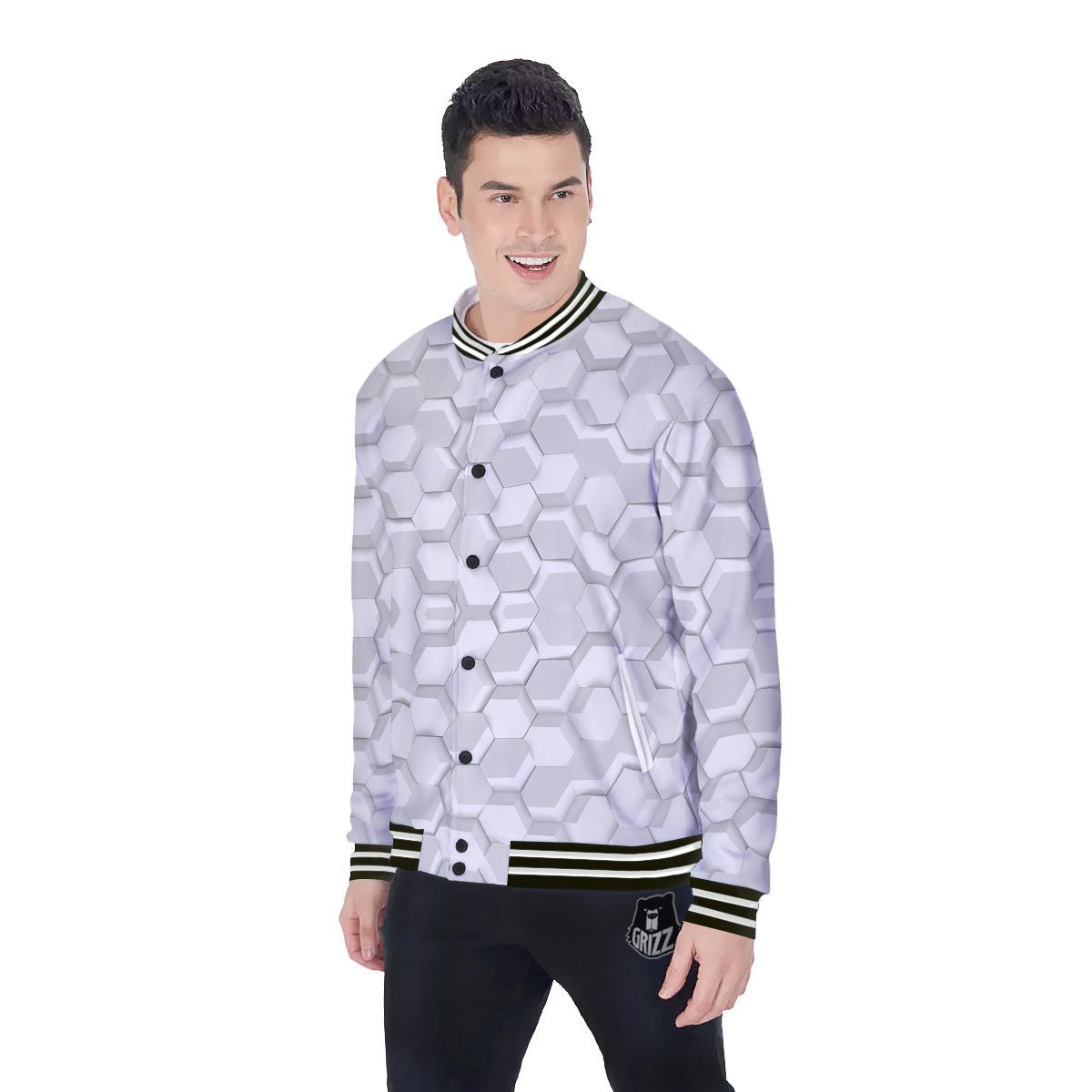 Abstract Hexagonal White 3D Print Pattern Baseball Jacket-grizzshop