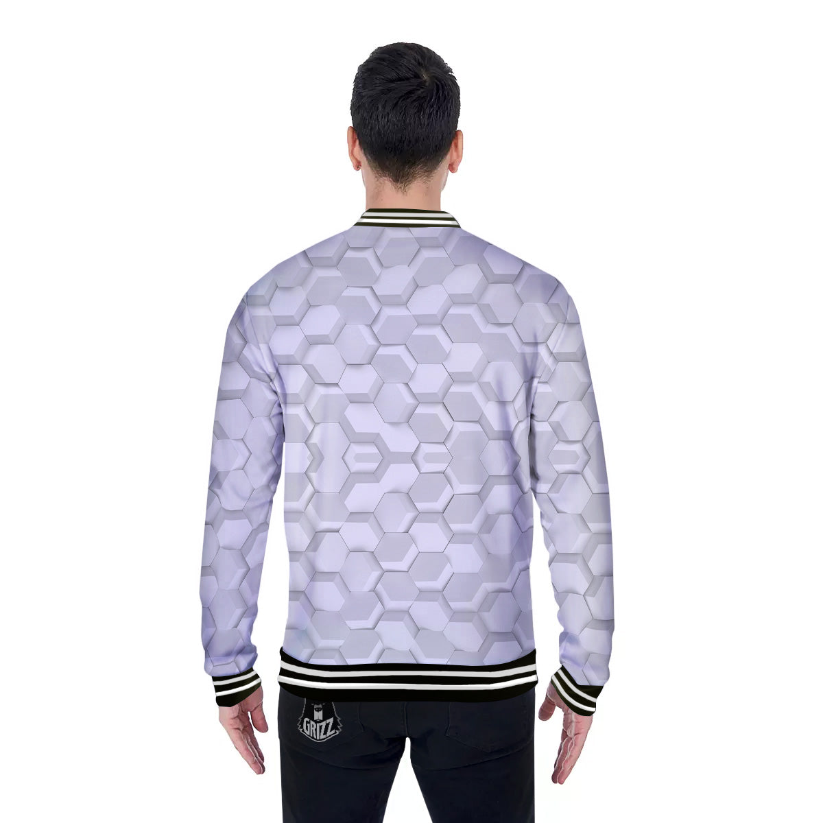 Abstract Hexagonal White 3D Print Pattern Baseball Jacket-grizzshop
