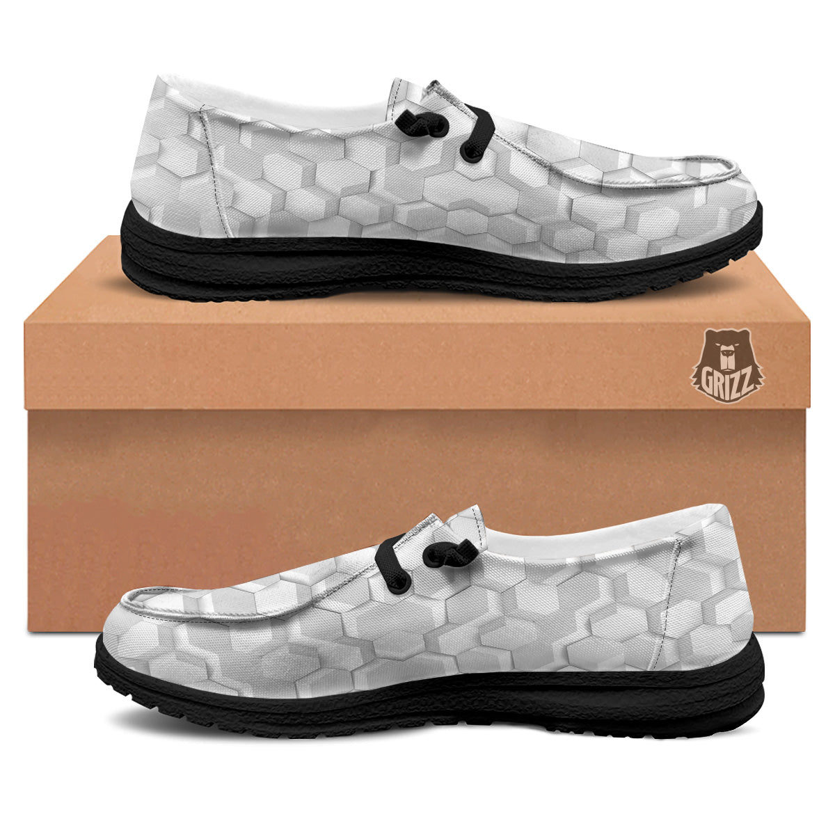Abstract Hexagonal White 3D Print Pattern Black Loafers-grizzshop