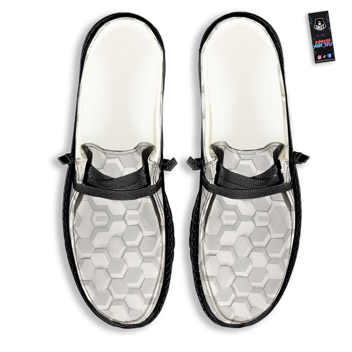 Abstract Hexagonal White 3D Print Pattern Black Loafers-grizzshop