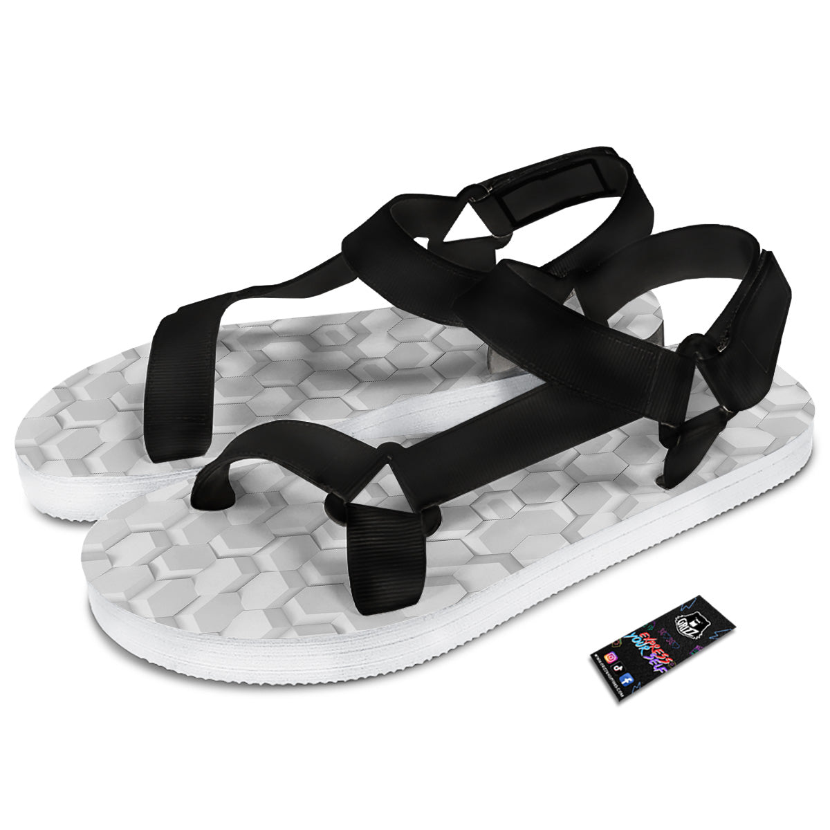 Abstract Hexagonal White 3D Print Pattern Black Open Toe Sandals-grizzshop