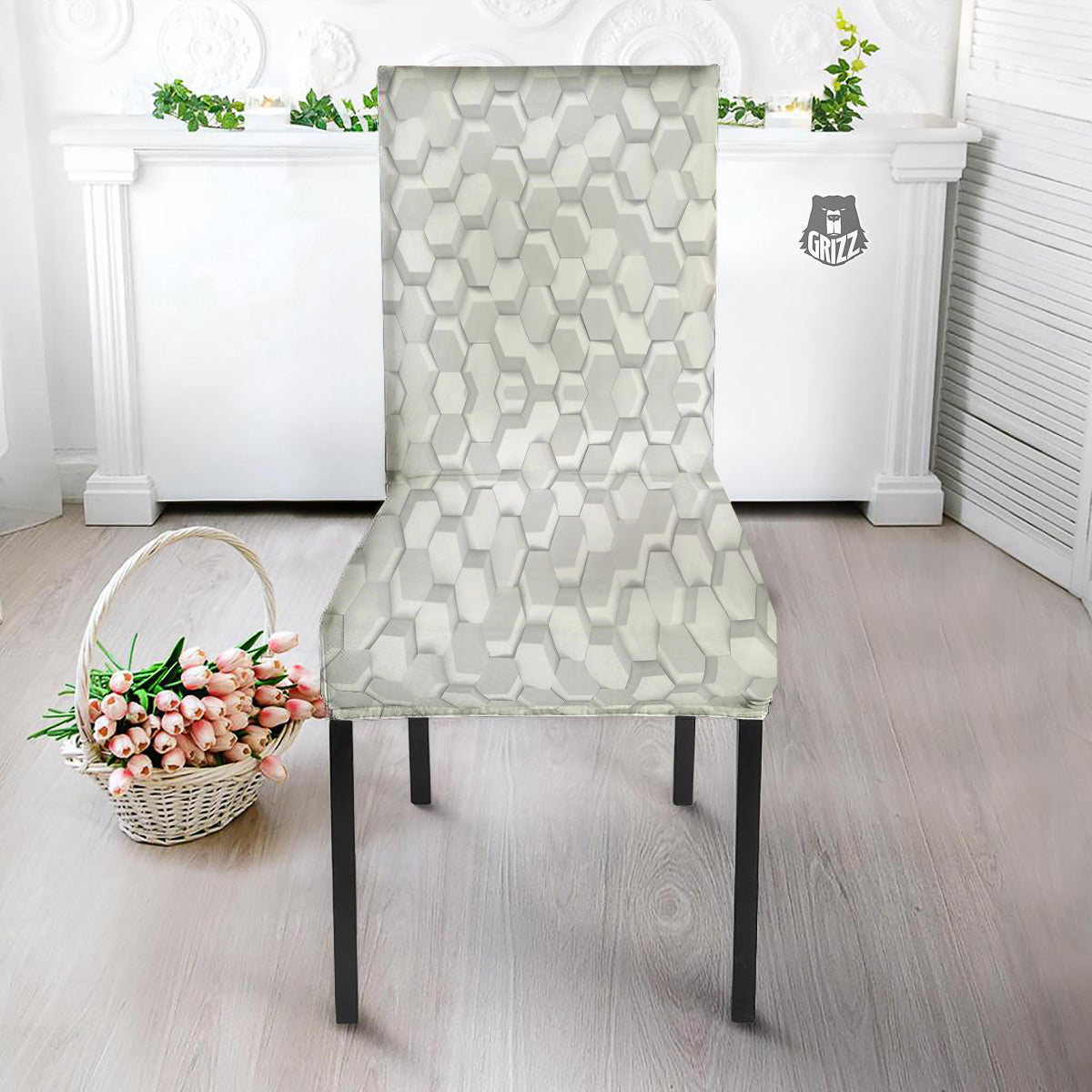 Abstract Hexagonal White 3D Print Pattern Dining Chair Slipcover-grizzshop