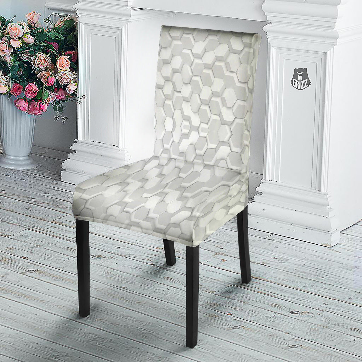 Abstract Hexagonal White 3D Print Pattern Dining Chair Slipcover-grizzshop