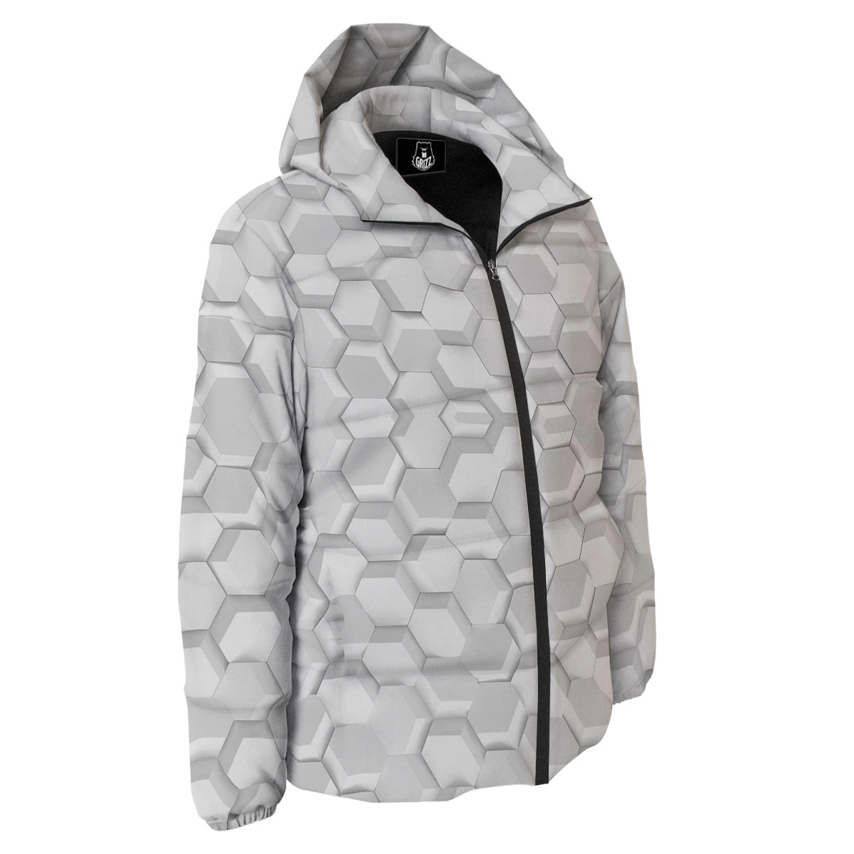 Abstract Hexagonal White 3D Print Pattern Down Jacket-grizzshop