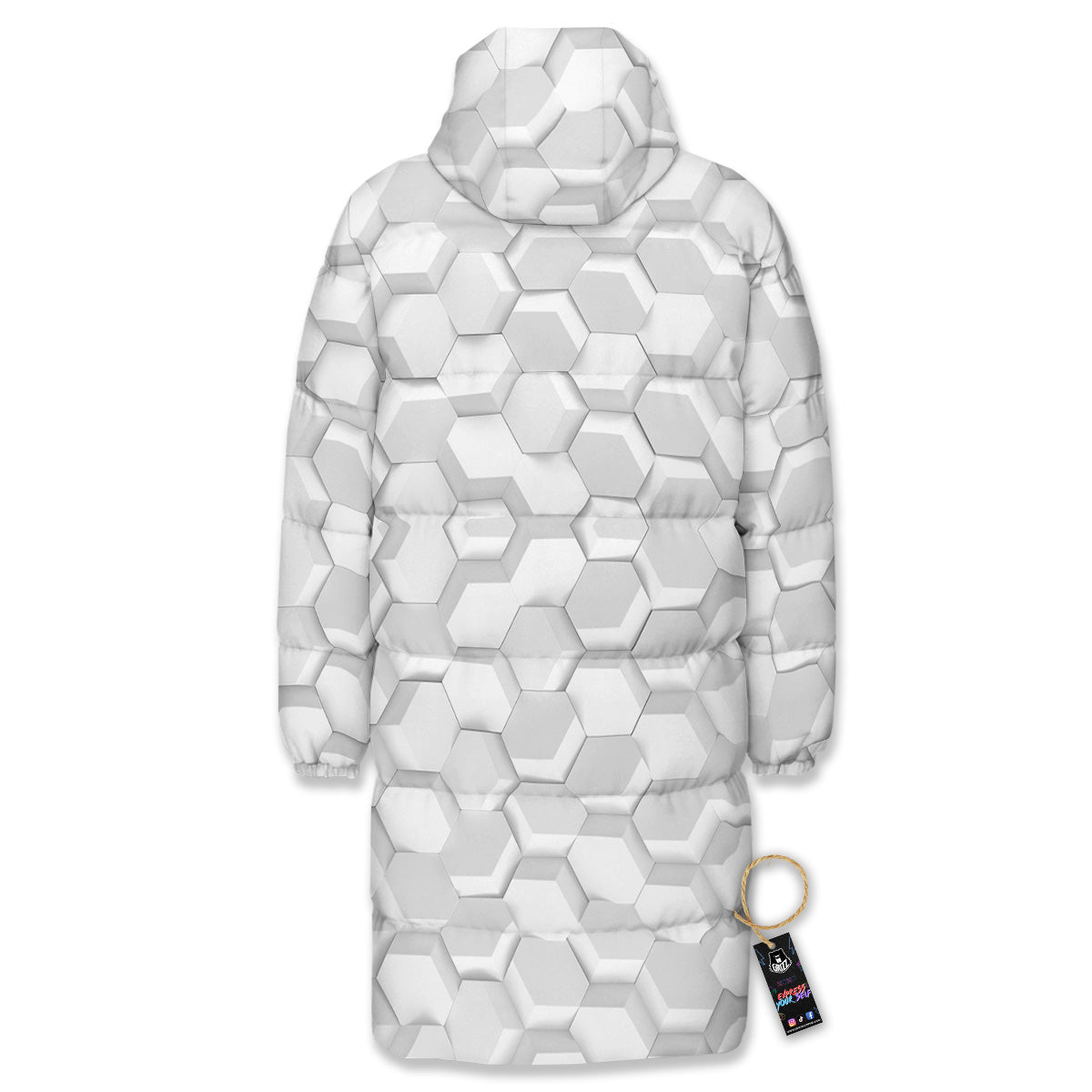 Abstract Hexagonal White 3D Print Pattern Long Down Jacket-grizzshop