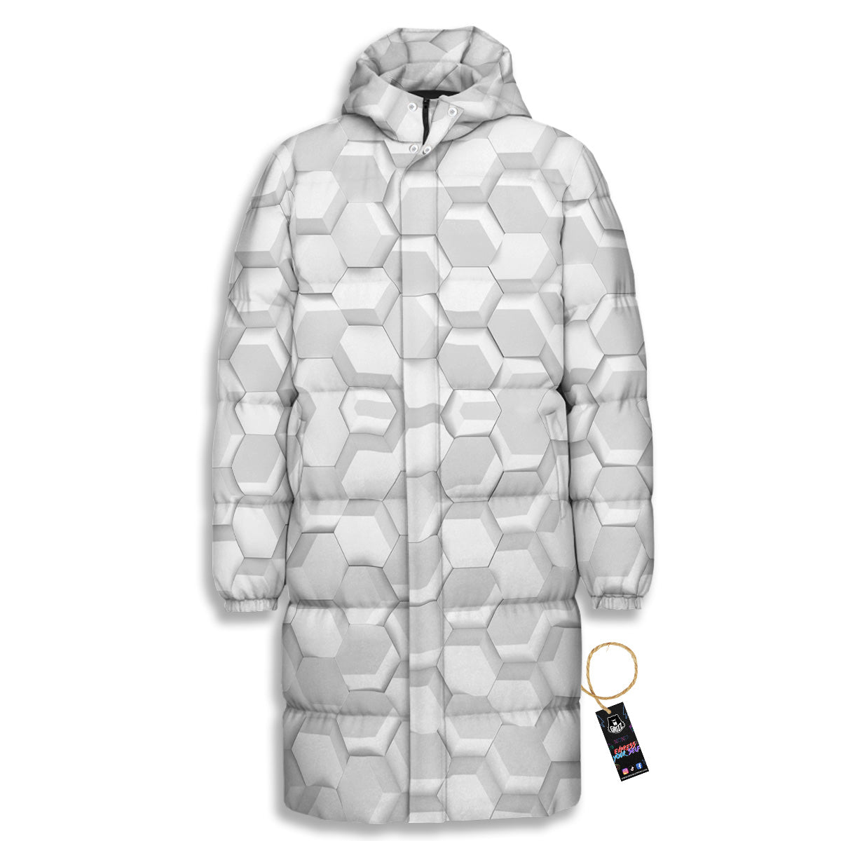 Abstract Hexagonal White 3D Print Pattern Long Down Jacket-grizzshop