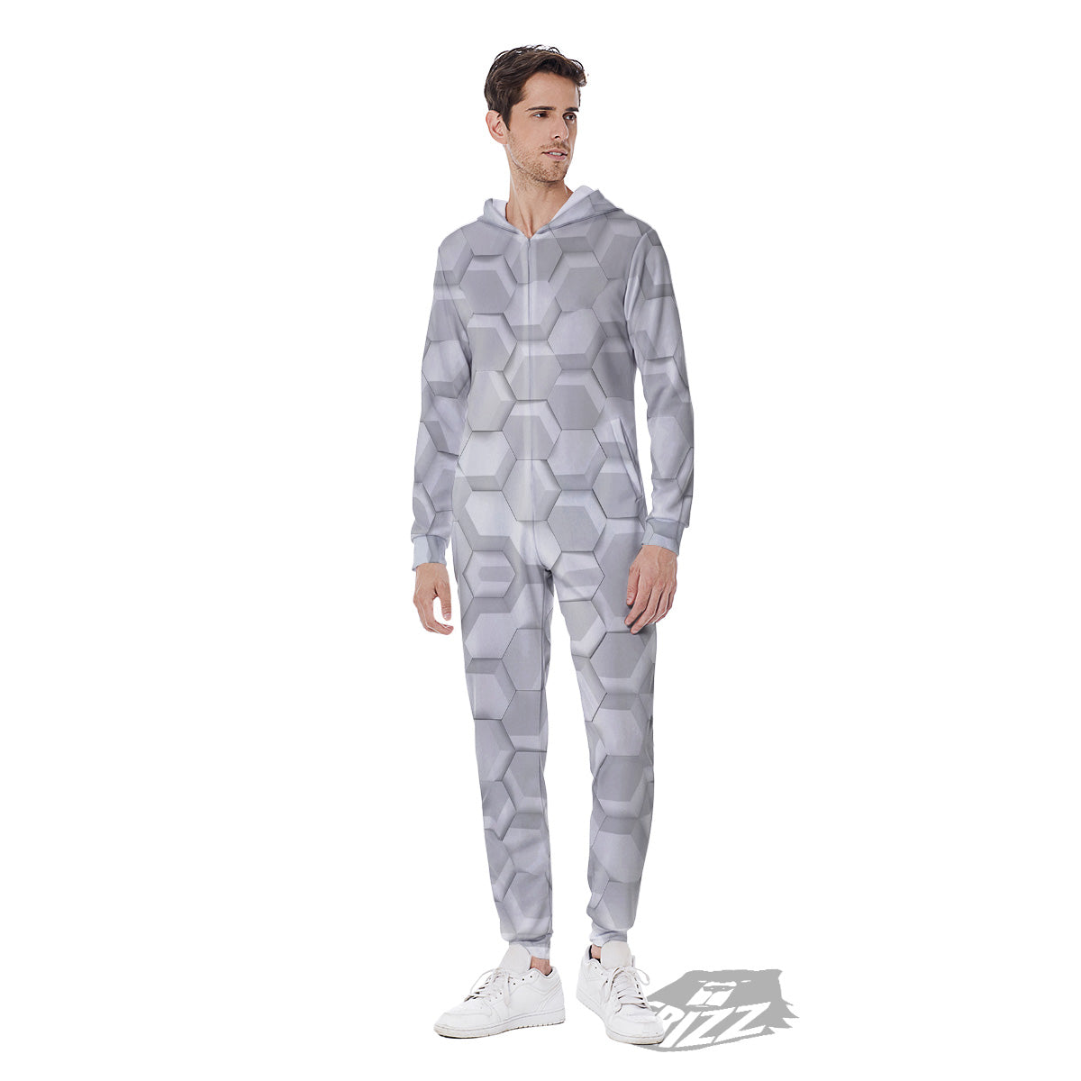 Abstract Hexagonal White 3D Print Pattern Men's Jumpsuit-grizzshop