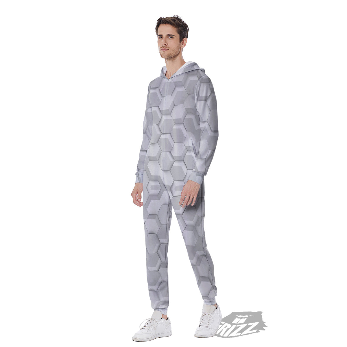 Abstract Hexagonal White 3D Print Pattern Men's Jumpsuit-grizzshop