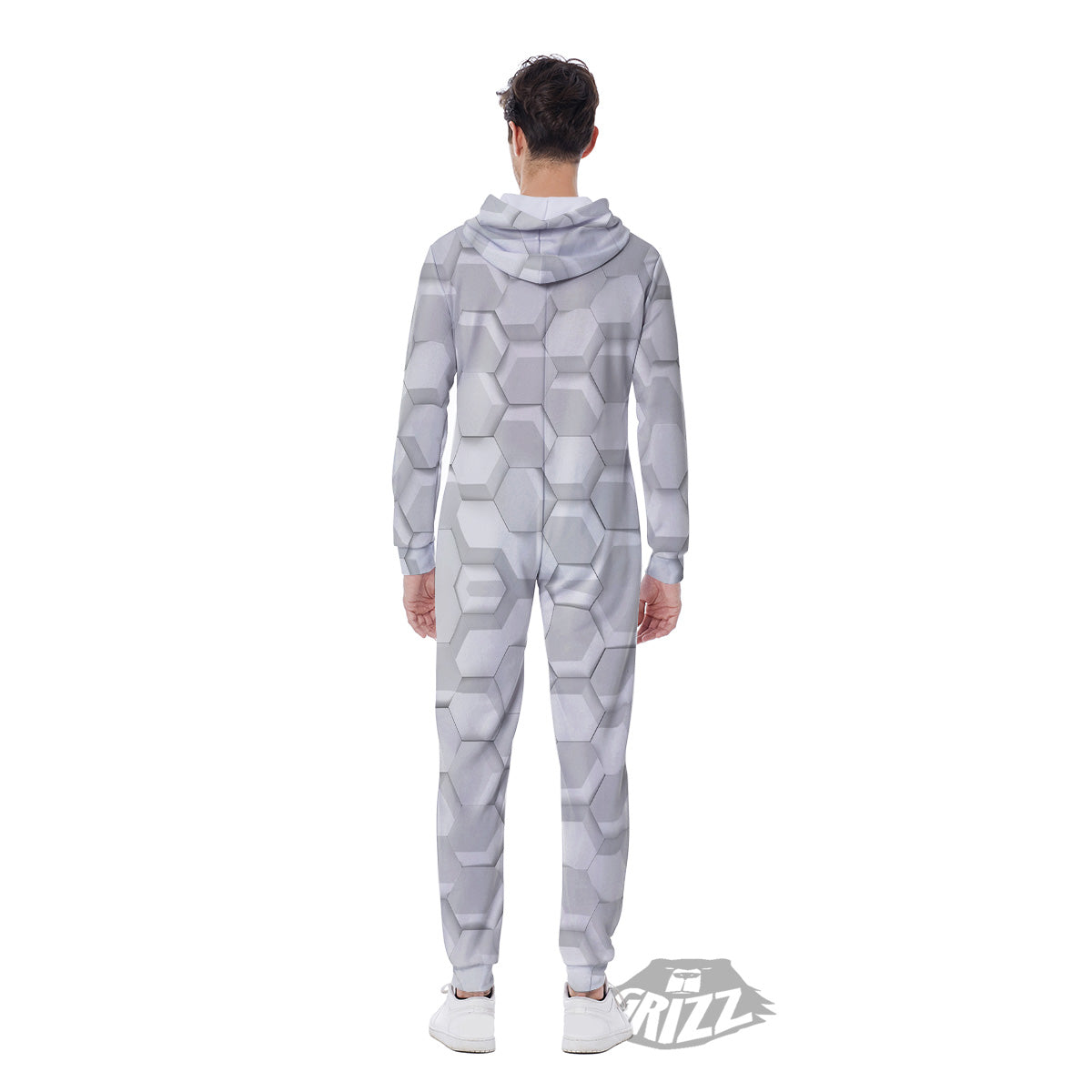 Abstract Hexagonal White 3D Print Pattern Men's Jumpsuit-grizzshop