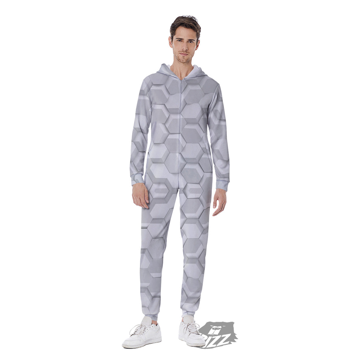 Abstract Hexagonal White 3D Print Pattern Men's Jumpsuit-grizzshop