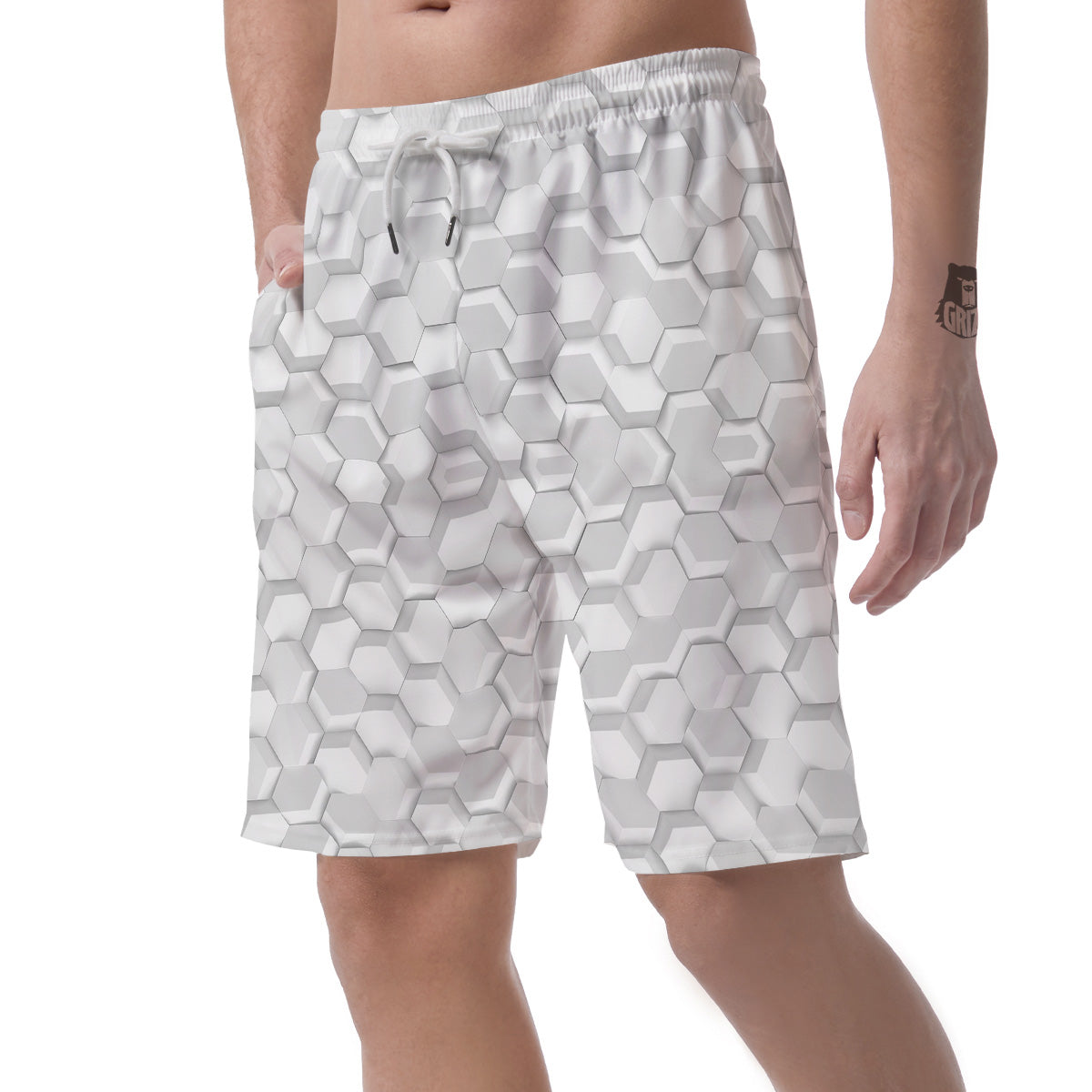 Abstract Hexagonal White 3D Print Pattern Men's Shorts-grizzshop