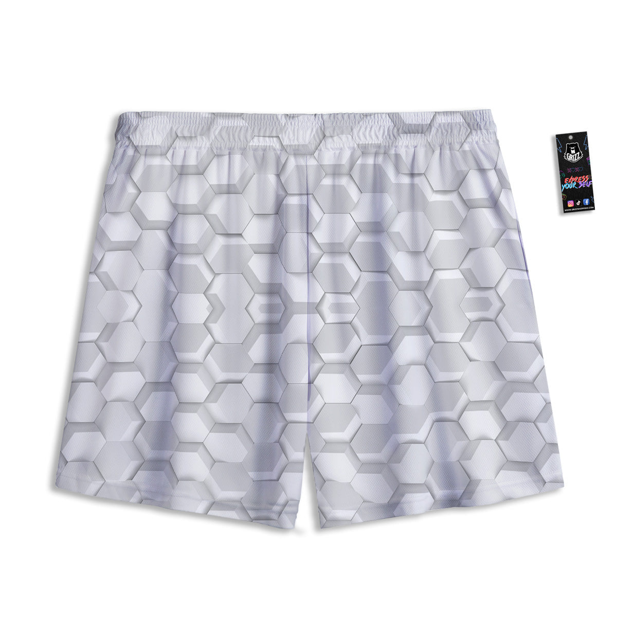 Abstract Hexagonal White 3D Print Pattern Mesh Shorts-grizzshop