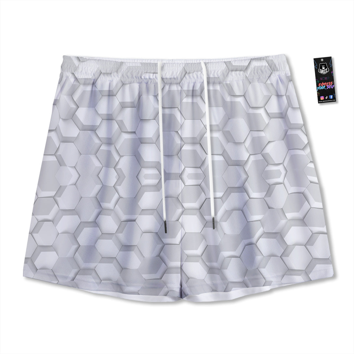 Abstract Hexagonal White 3D Print Pattern Mesh Shorts-grizzshop