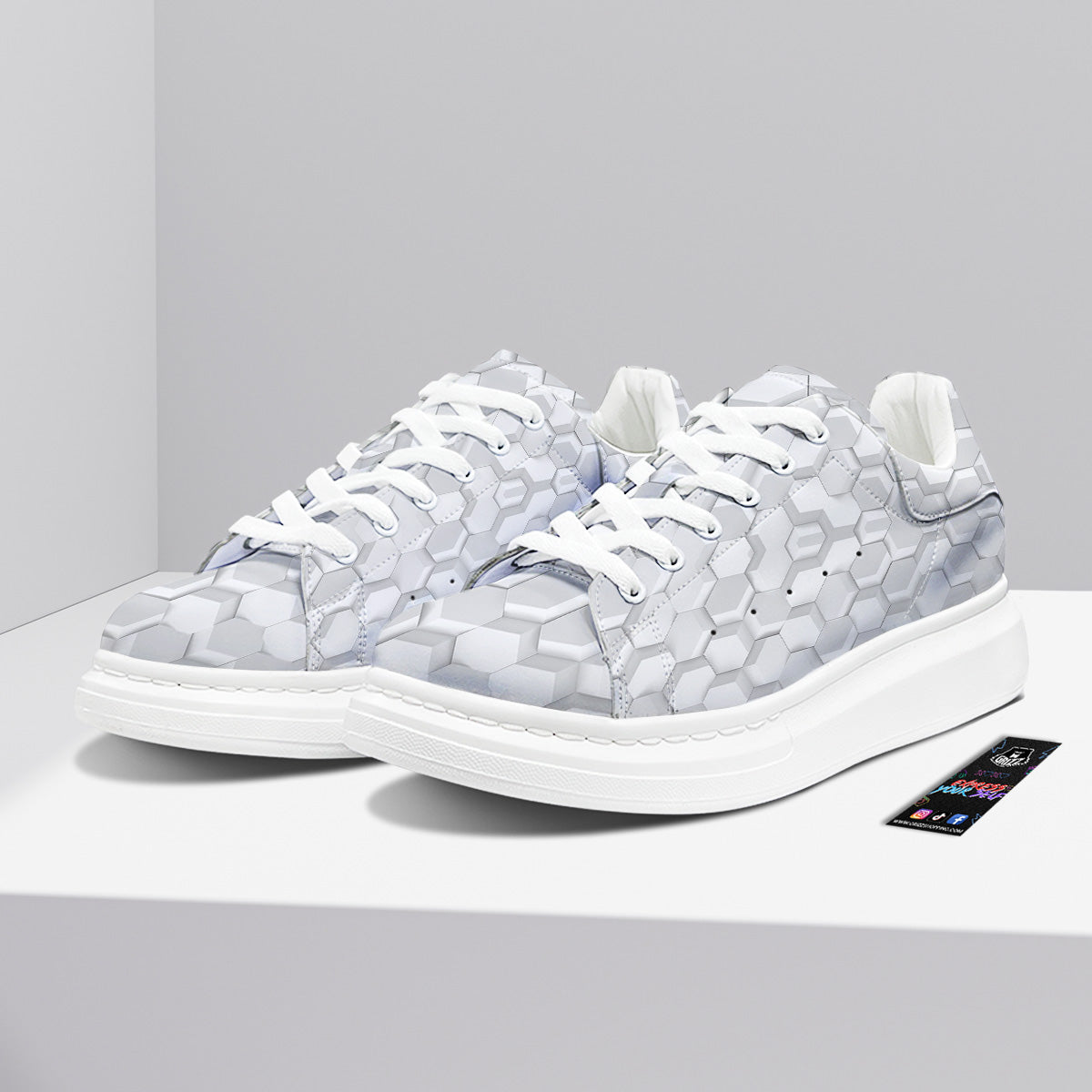 Abstract Hexagonal White 3D Print Pattern Platform Shoes-grizzshop