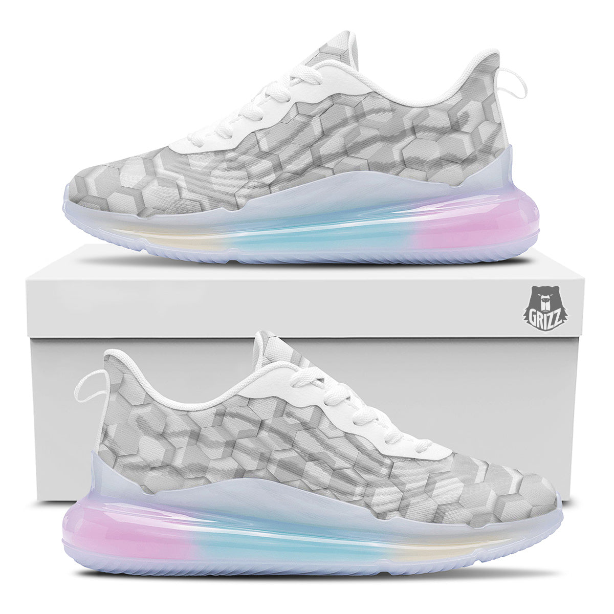 Abstract Hexagonal White 3D Print Pattern Running Sneakers-grizzshop