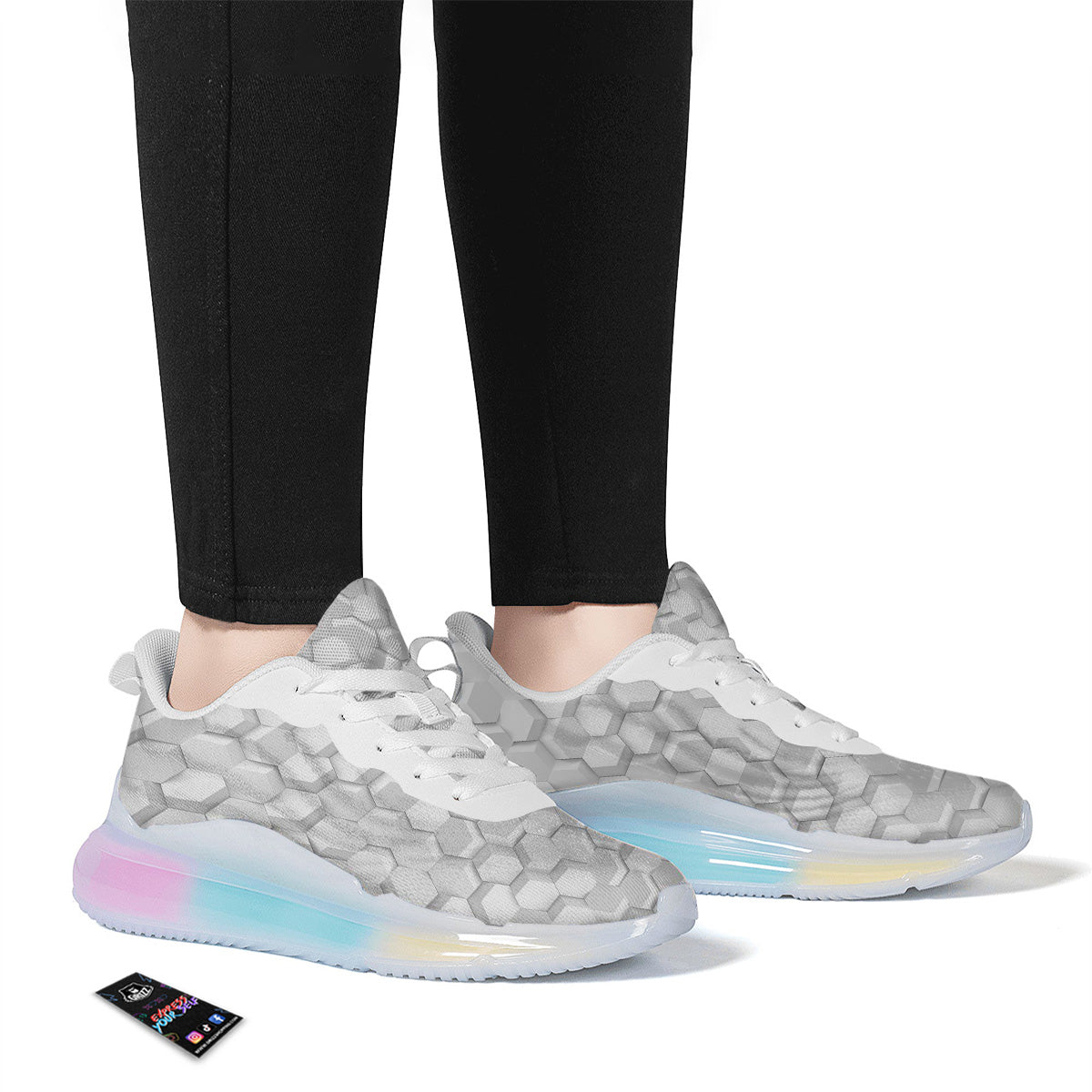 Abstract Hexagonal White 3D Print Pattern Running Sneakers-grizzshop