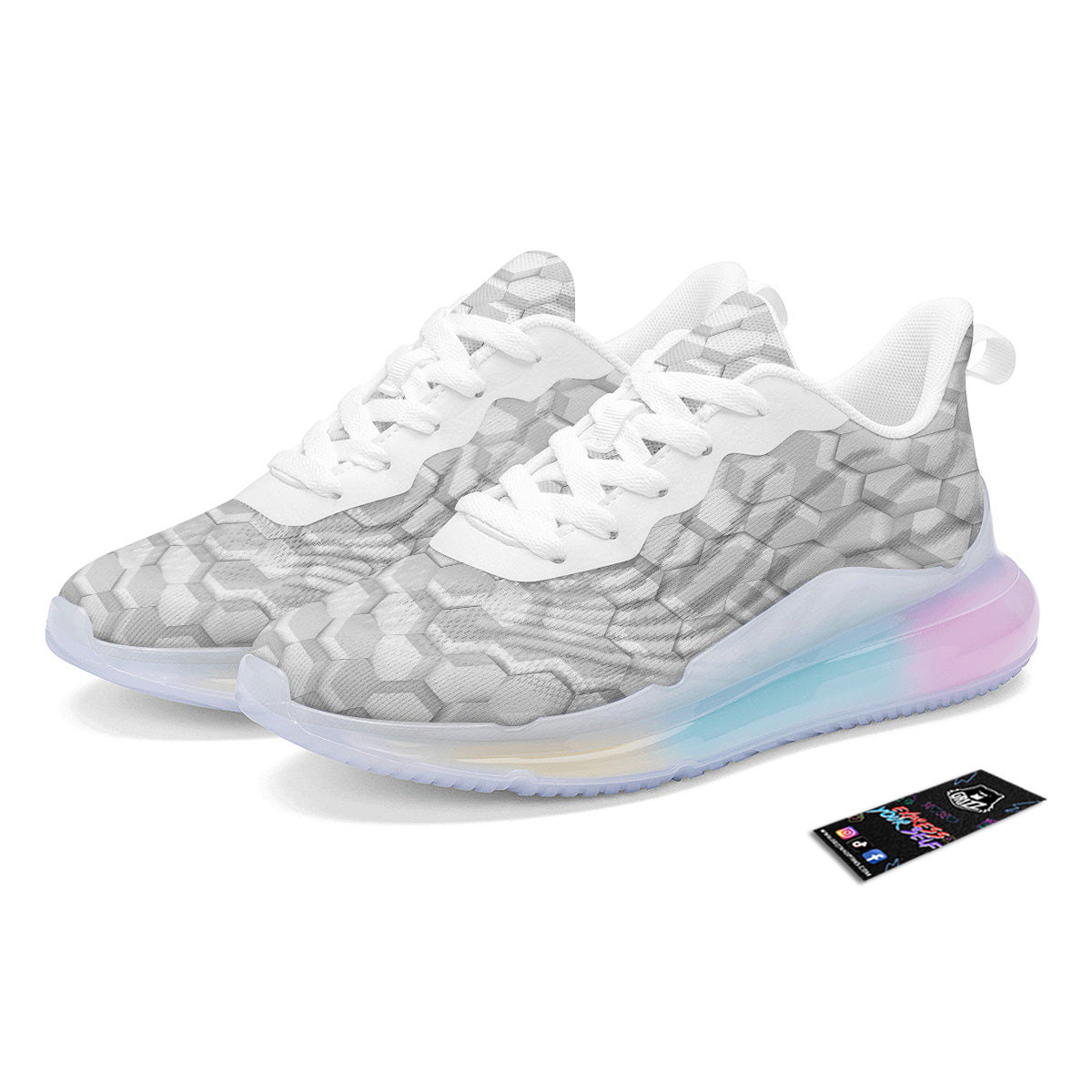 Abstract Hexagonal White 3D Print Pattern Running Sneakers-grizzshop
