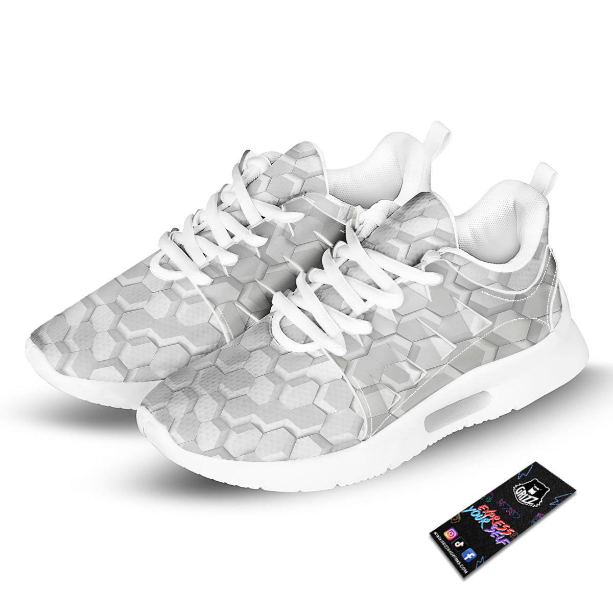 Abstract Hexagonal White 3D Print Pattern Tennis Shoes-grizzshop