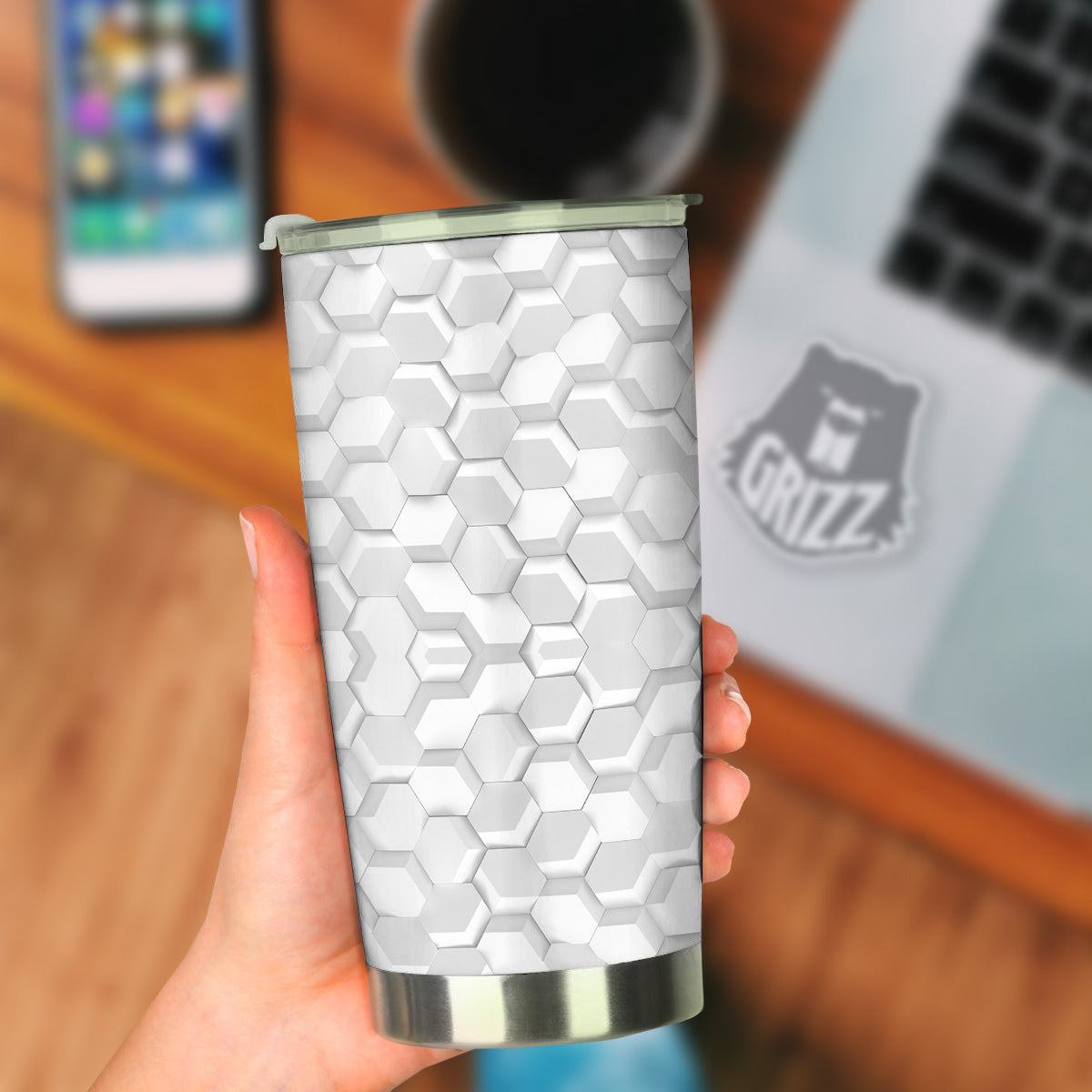 Abstract Hexagonal White 3D Print Pattern Tumbler-grizzshop