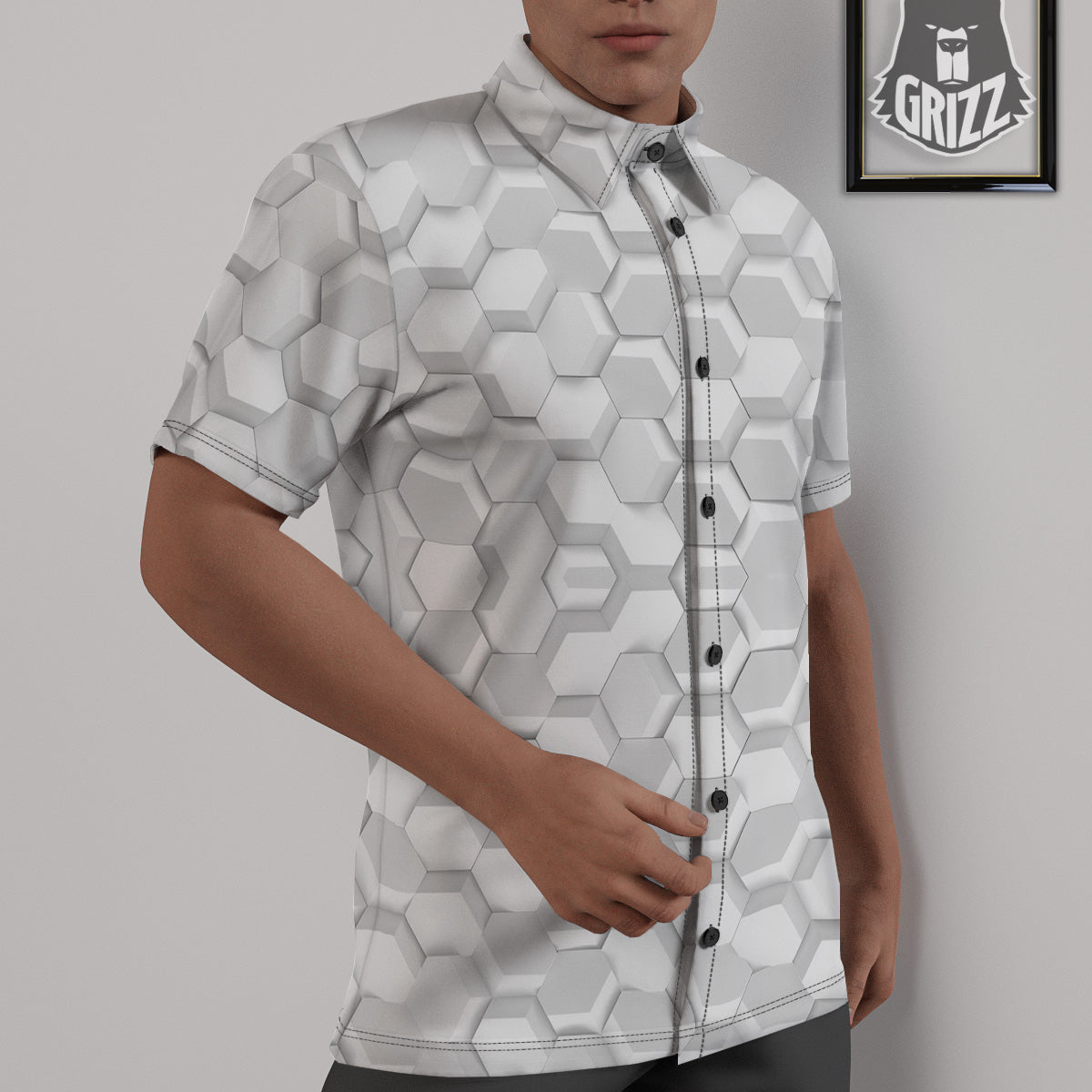 Abstract Hexagonal White 3D Print Pattern Untucked Shirts-grizzshop