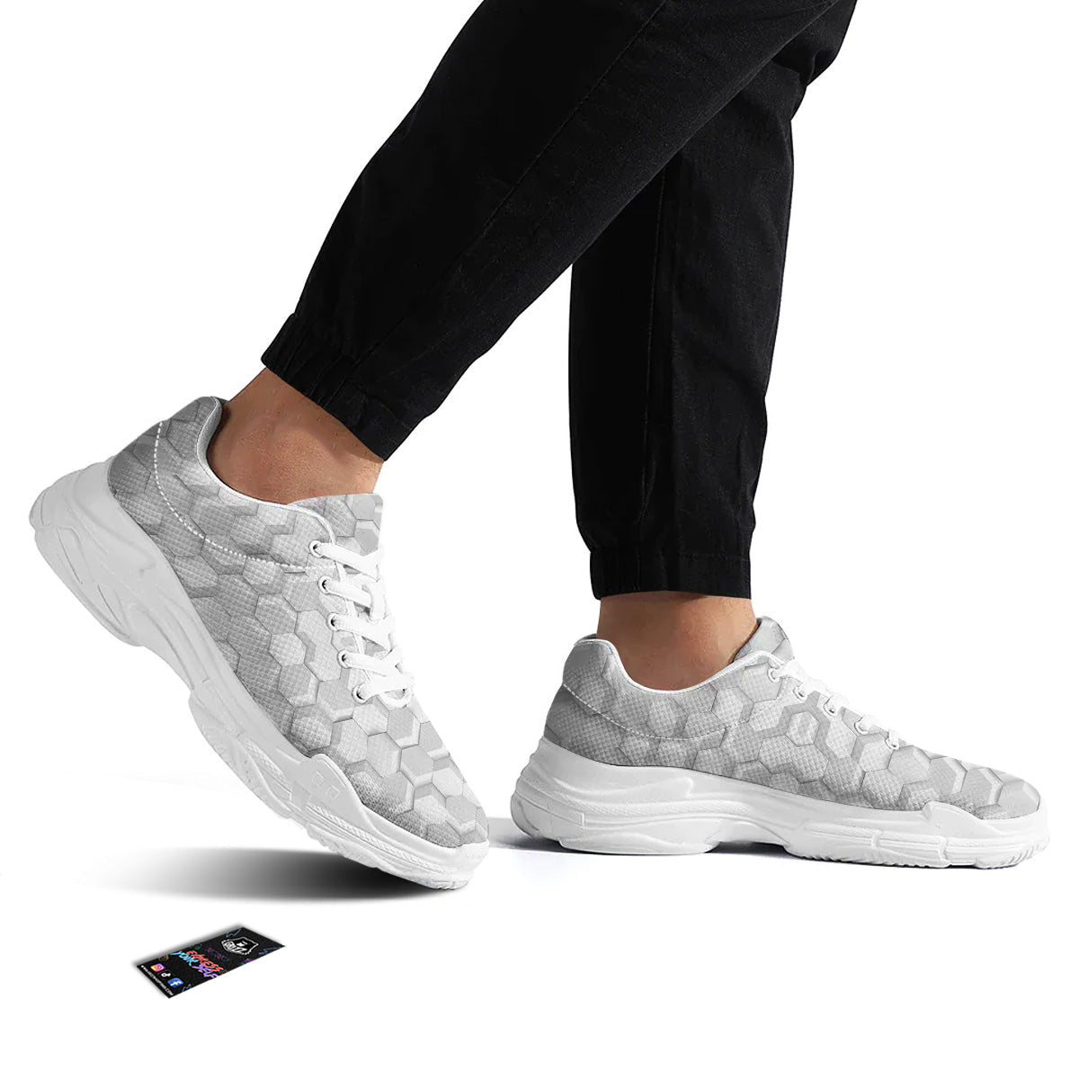 Abstract Hexagonal White 3D Print Pattern White Chunky Shoes-grizzshop