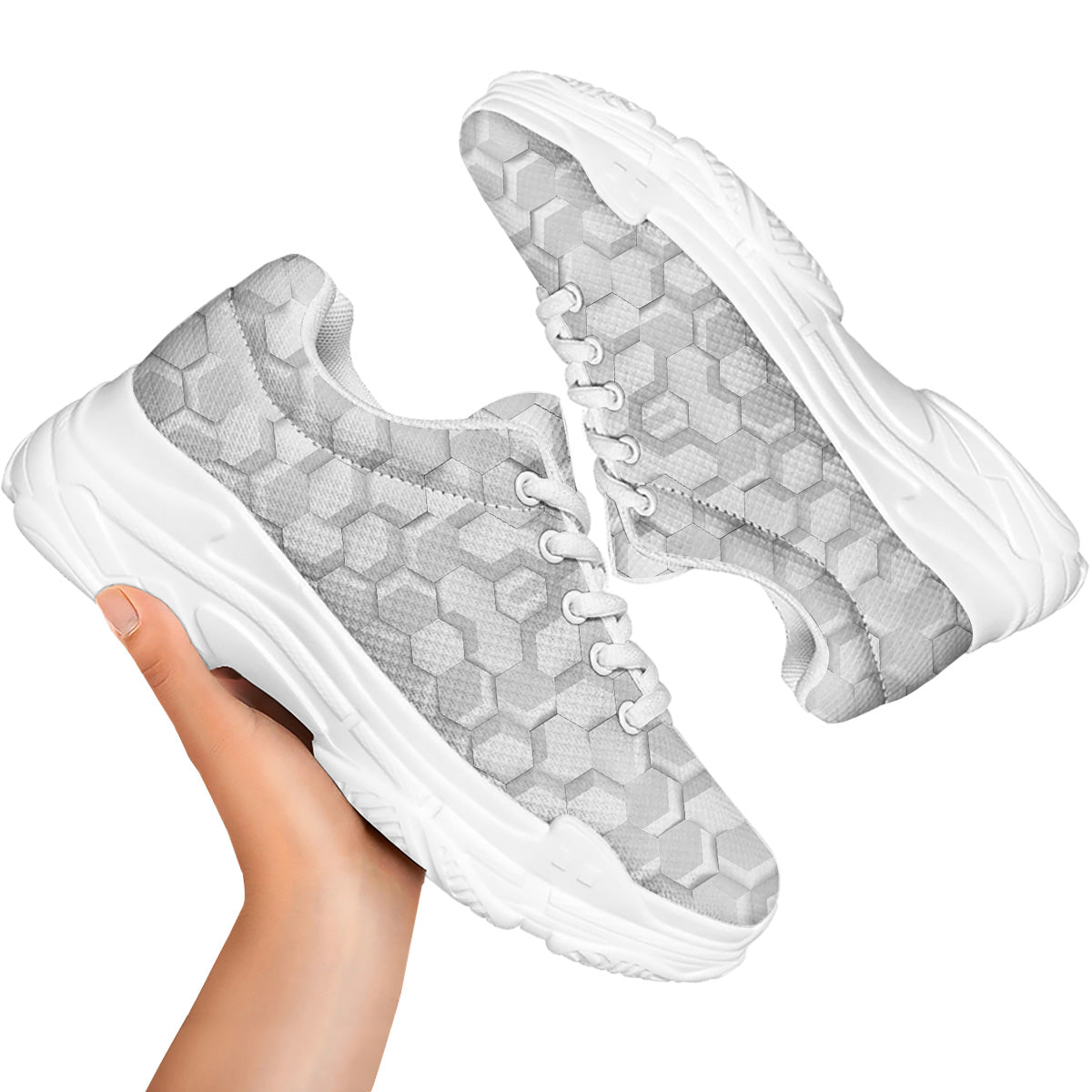 Abstract Hexagonal White 3D Print Pattern White Chunky Shoes-grizzshop