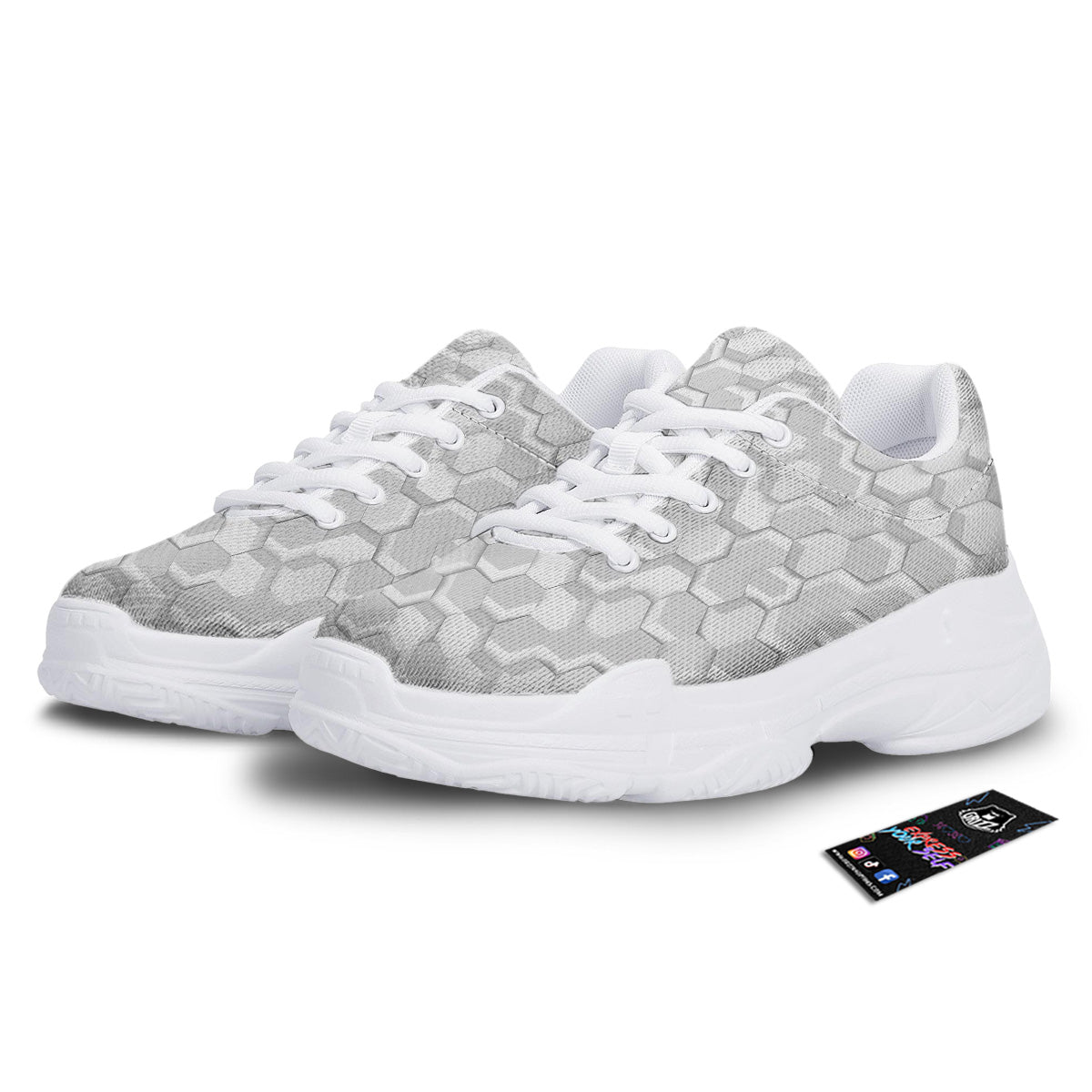 Abstract Hexagonal White 3D Print Pattern White Chunky Shoes-grizzshop