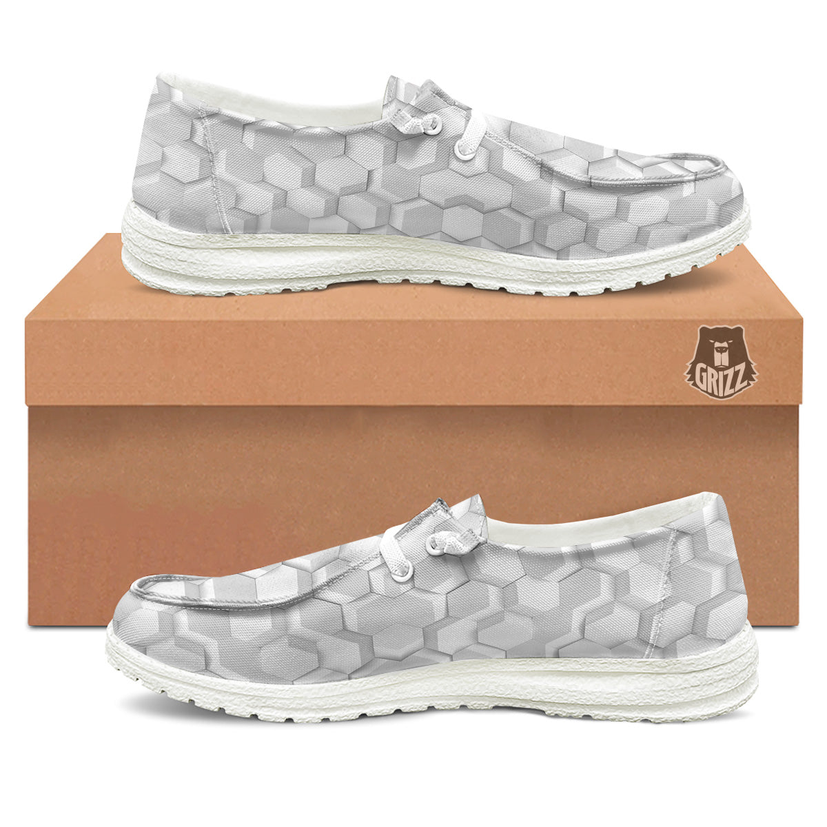 Abstract Hexagonal White 3D Print Pattern White Loafers-grizzshop