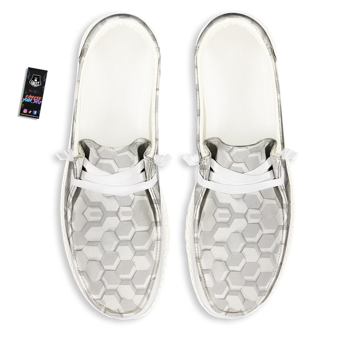 Abstract Hexagonal White 3D Print Pattern White Loafers-grizzshop