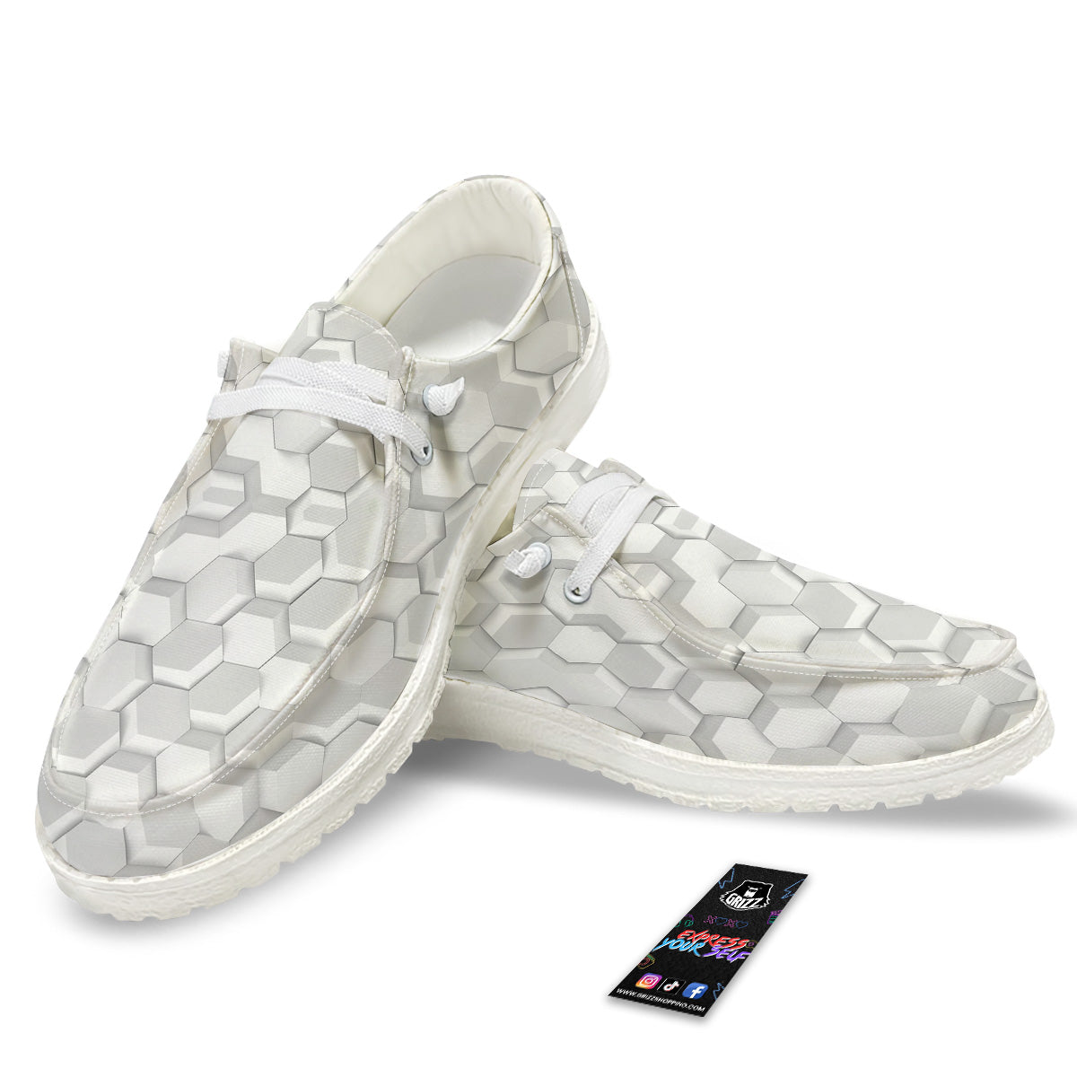 Abstract Hexagonal White 3D Print Pattern White Loafers-grizzshop