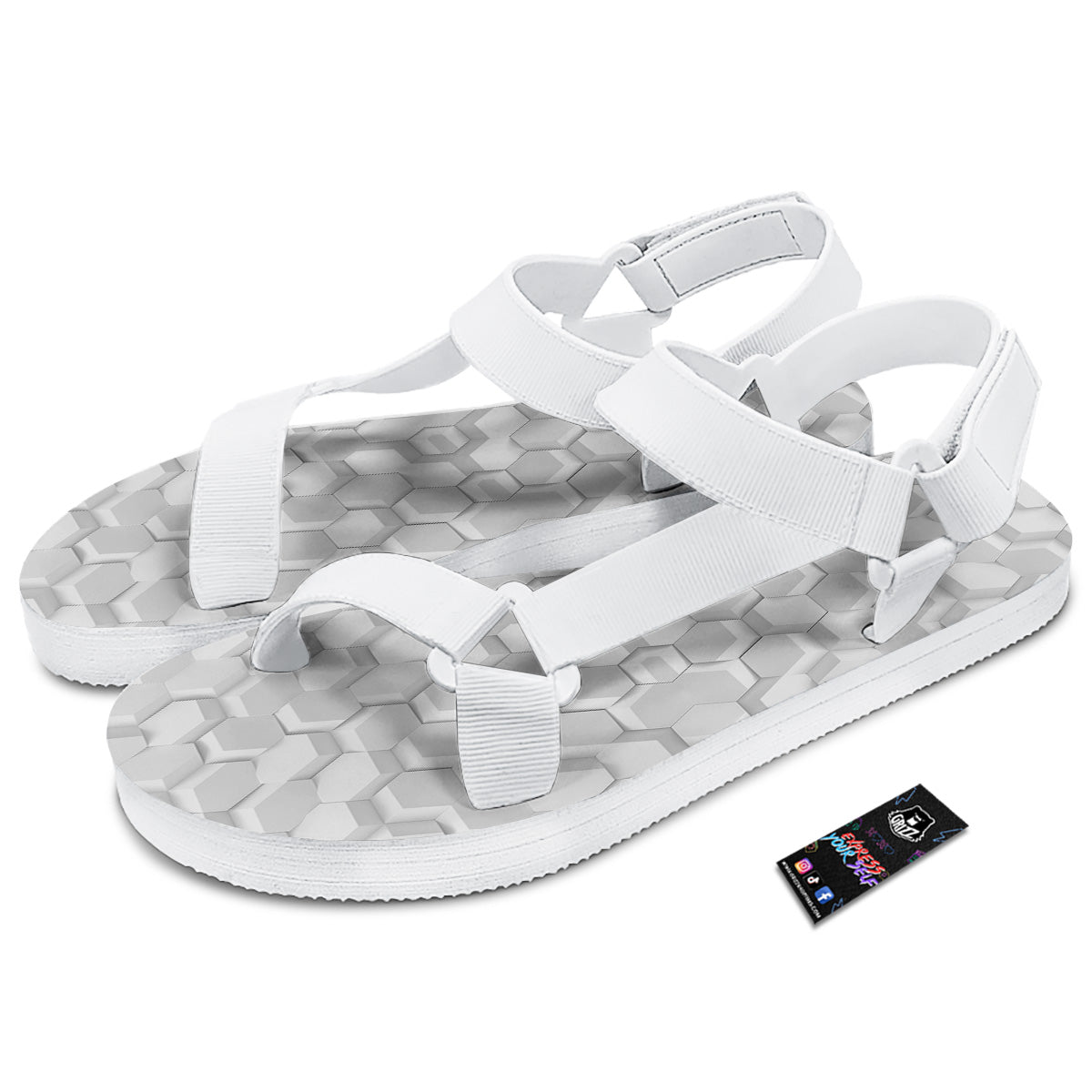Abstract Hexagonal White 3D Print Pattern White Open Toe Sandals-grizzshop