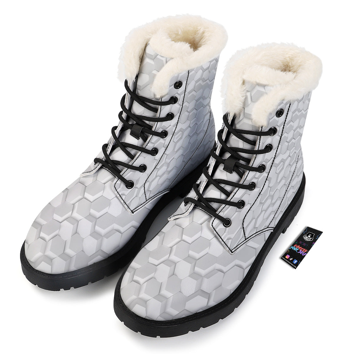 Abstract Hexagonal White 3D Print Pattern Winter Boots-grizzshop