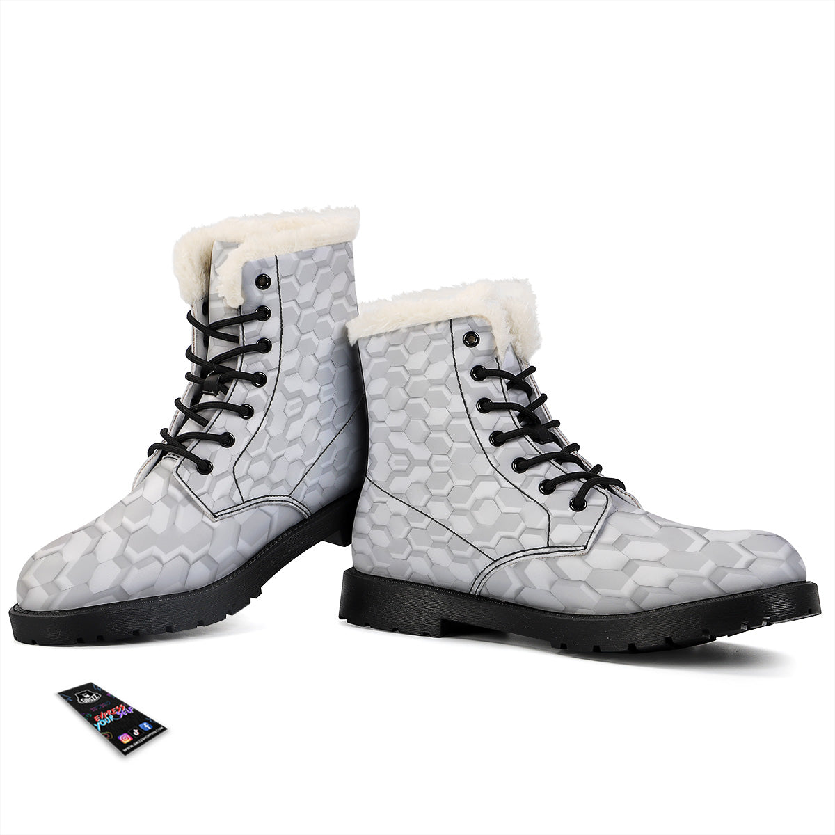 Abstract Hexagonal White 3D Print Pattern Winter Boots-grizzshop