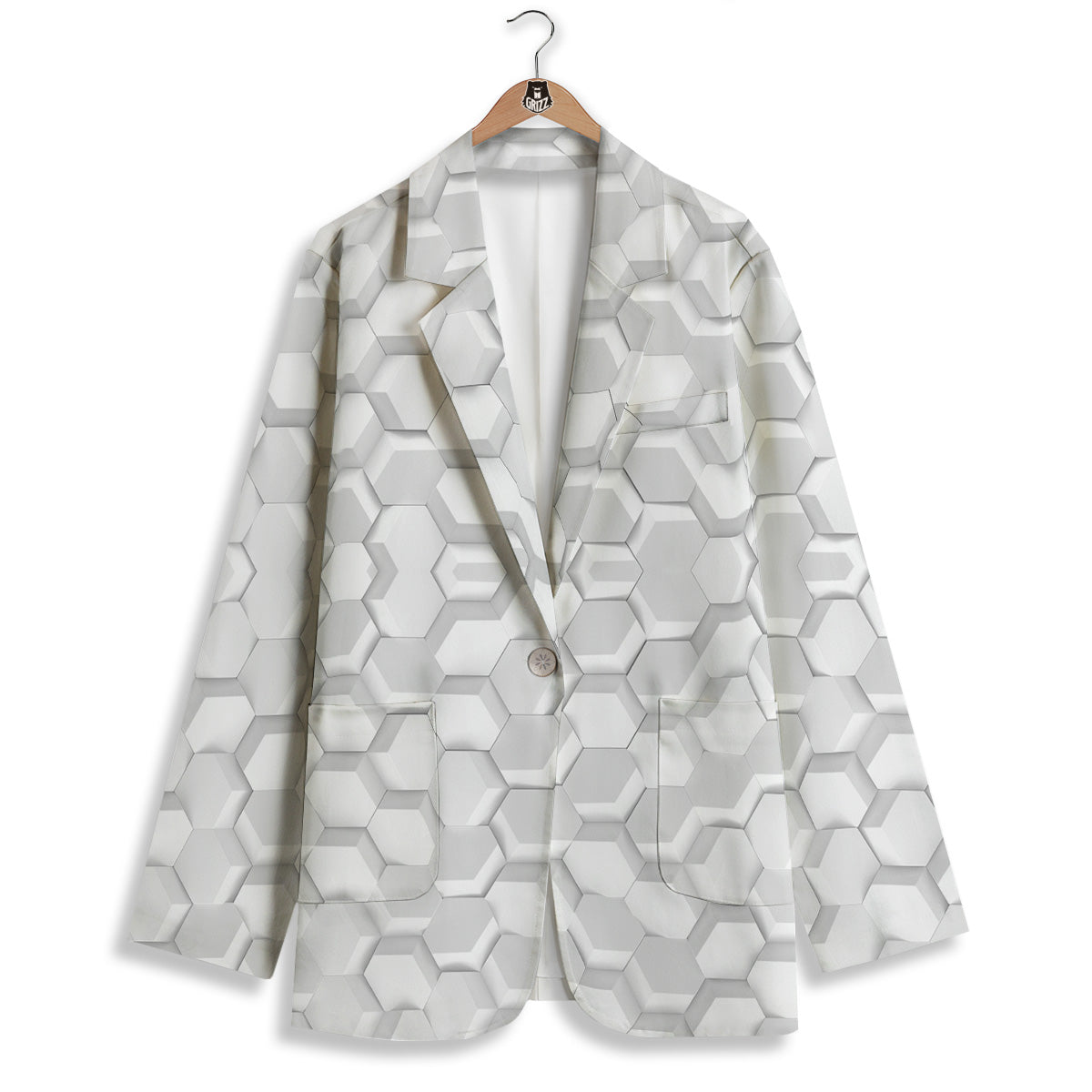 Abstract Hexagonal White 3D Print Pattern Women's Blazer-grizzshop