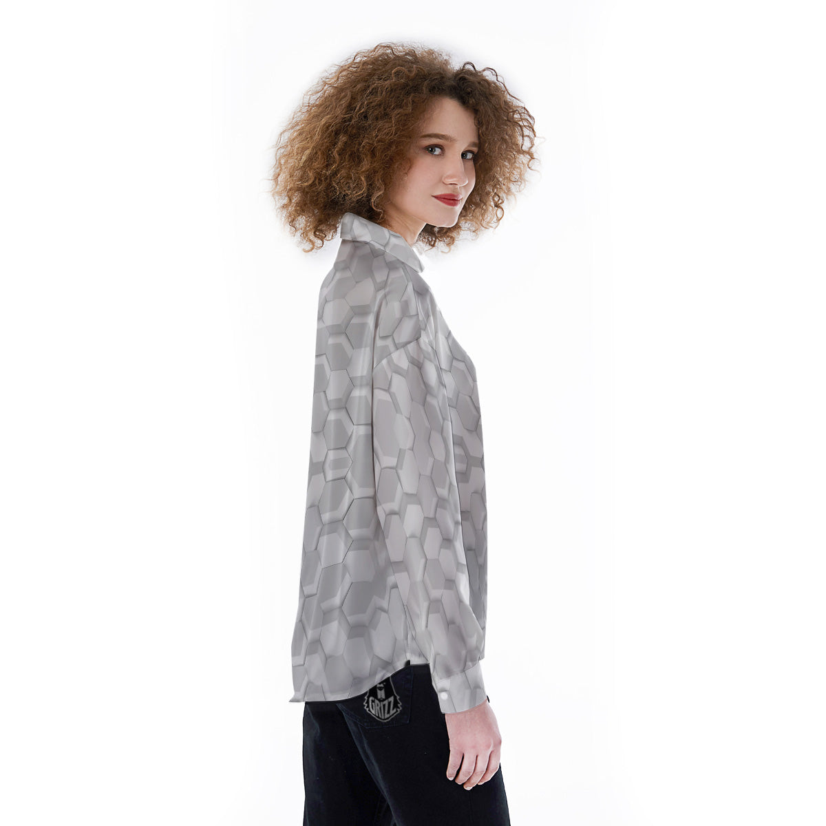 Abstract Hexagonal White 3D Print Pattern Women's Long Sleeve Shirts-grizzshop