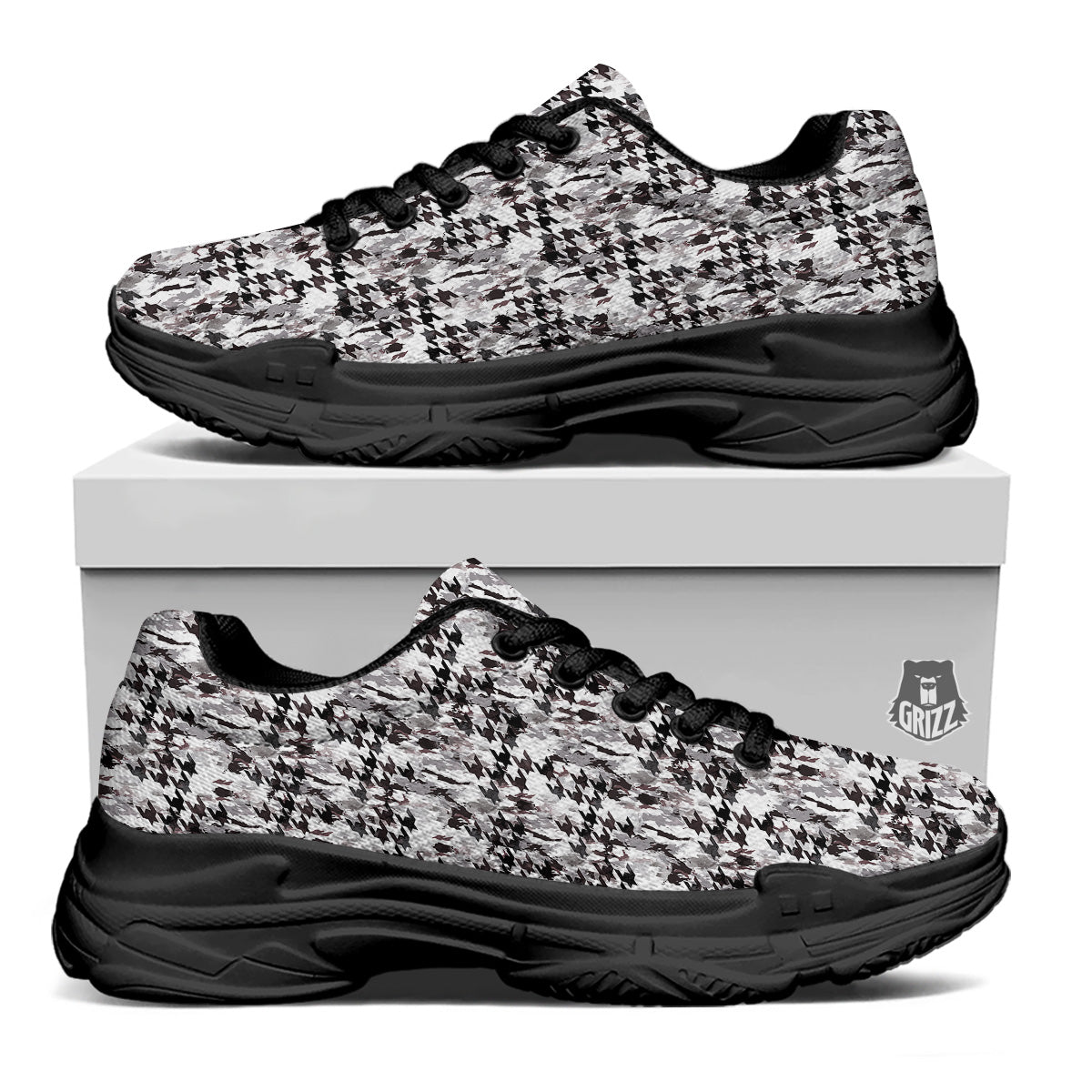 Abstract Houndstooth And Camo Print Pattern Black Chunky Shoes-grizzshop