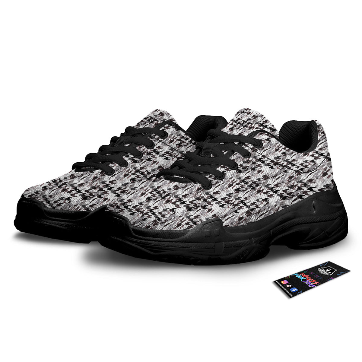 Abstract Houndstooth And Camo Print Pattern Black Chunky Shoes-grizzshop