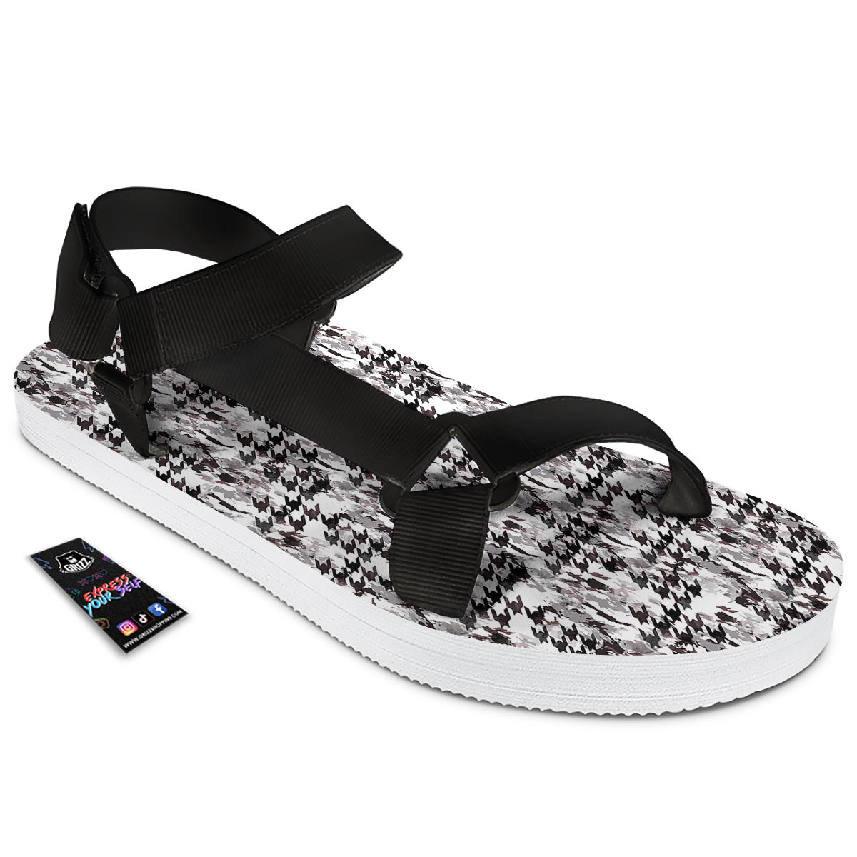 Abstract Houndstooth And Camo Print Pattern Black Open Toe Sandals-grizzshop