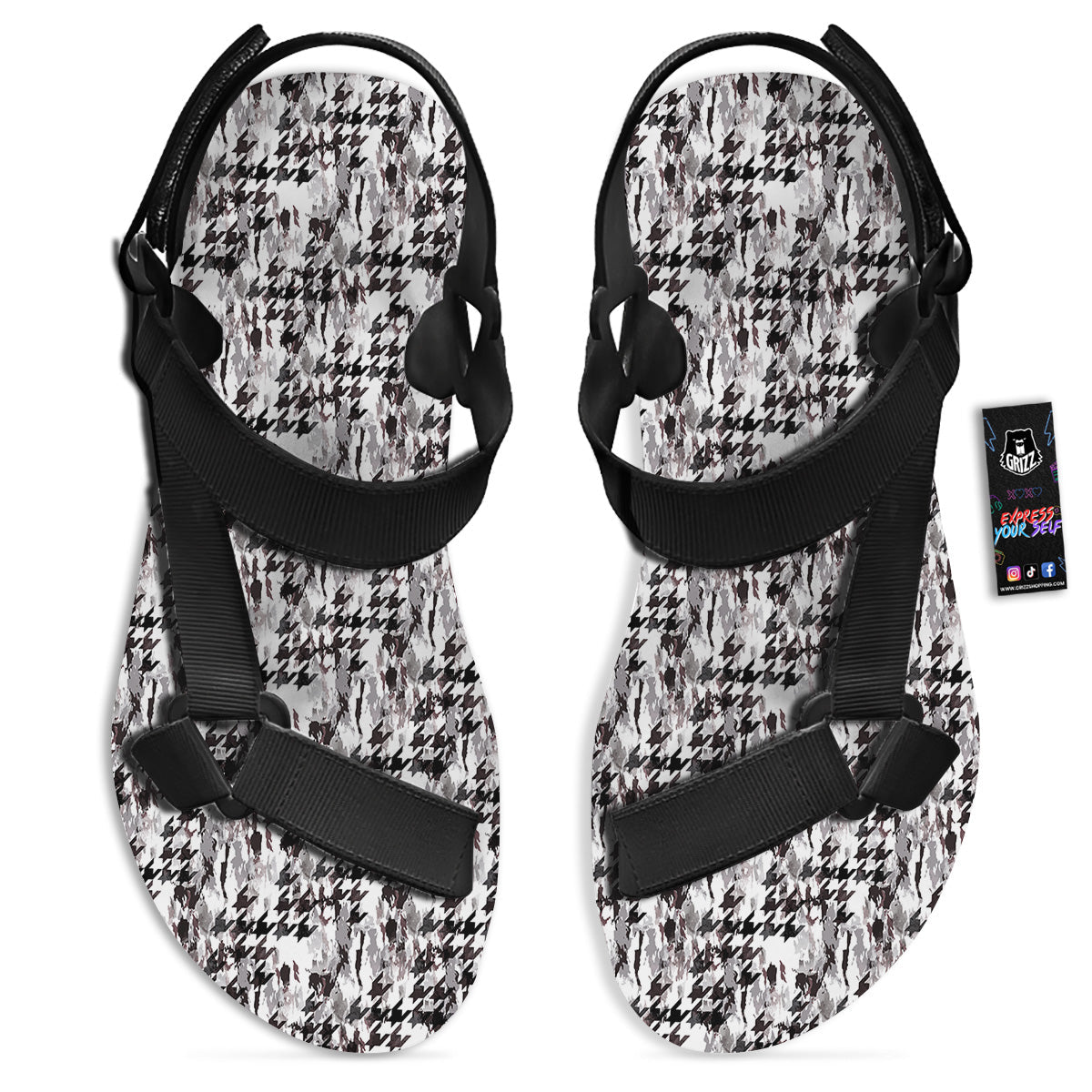 Abstract Houndstooth And Camo Print Pattern Black Open Toe Sandals-grizzshop