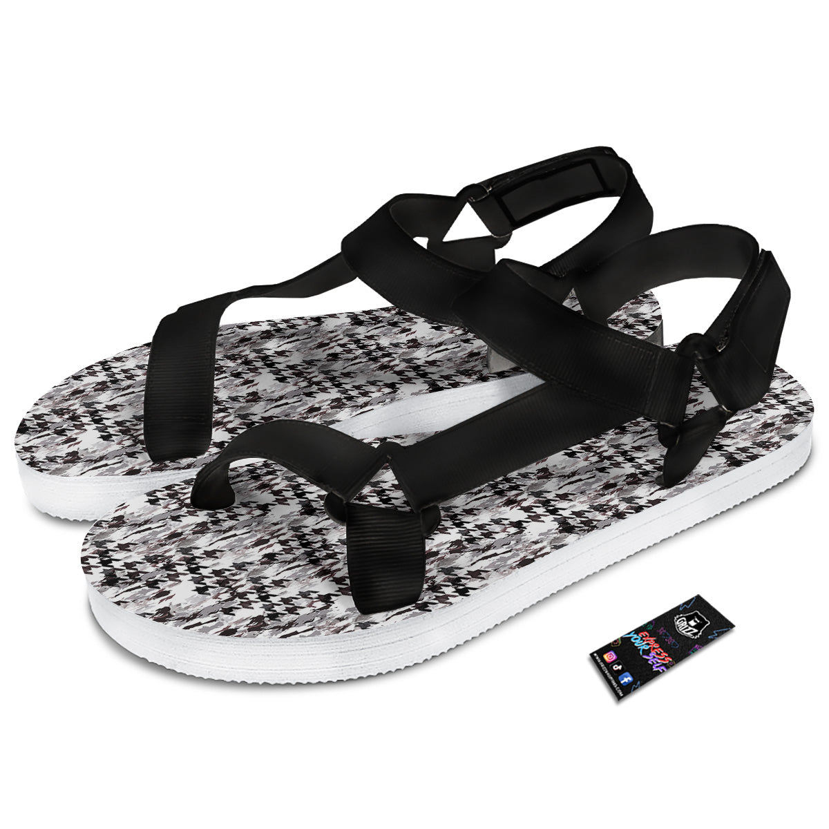 Abstract Houndstooth And Camo Print Pattern Black Open Toe Sandals-grizzshop