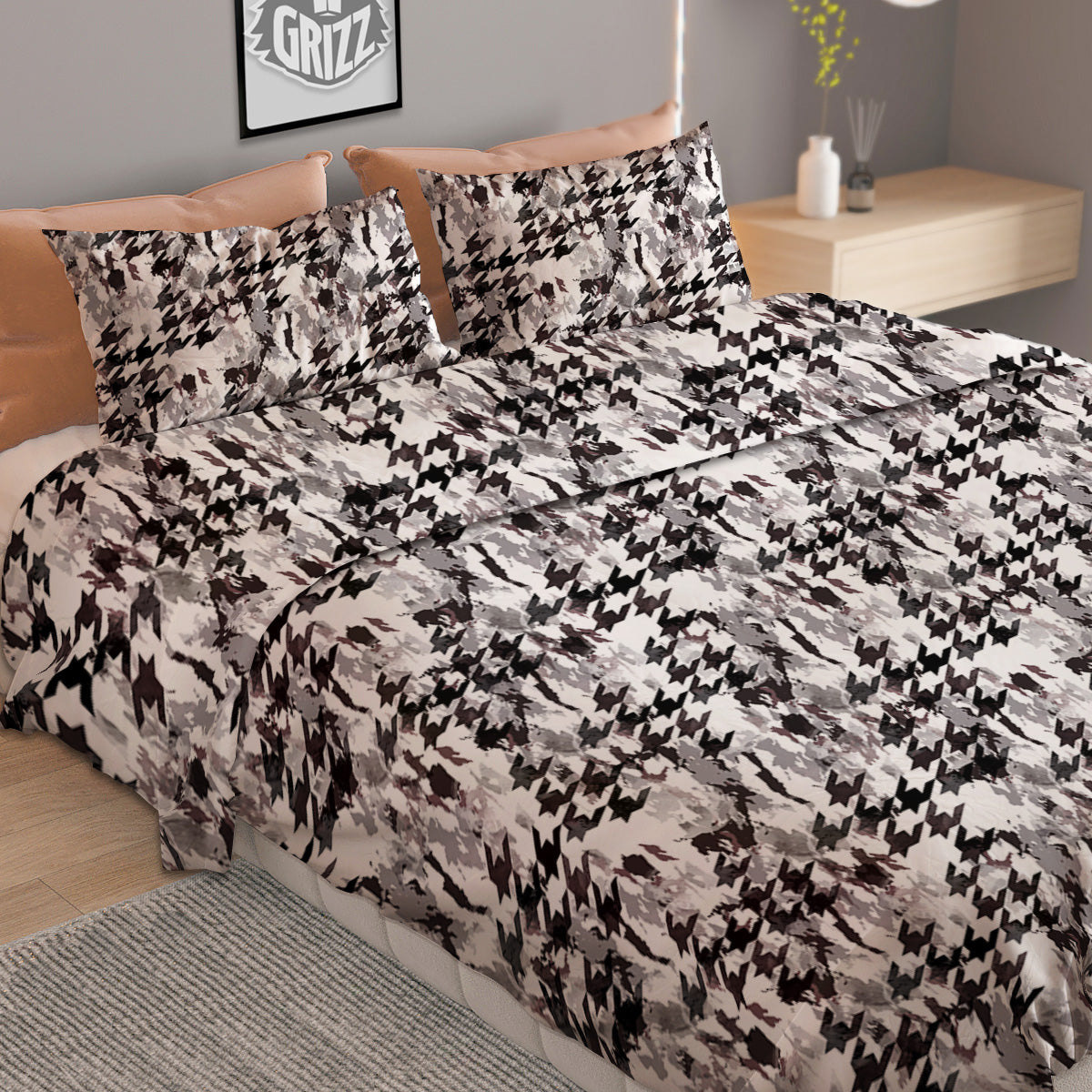 Abstract Houndstooth And Camo Print Pattern Duvet Cover Bedding Set