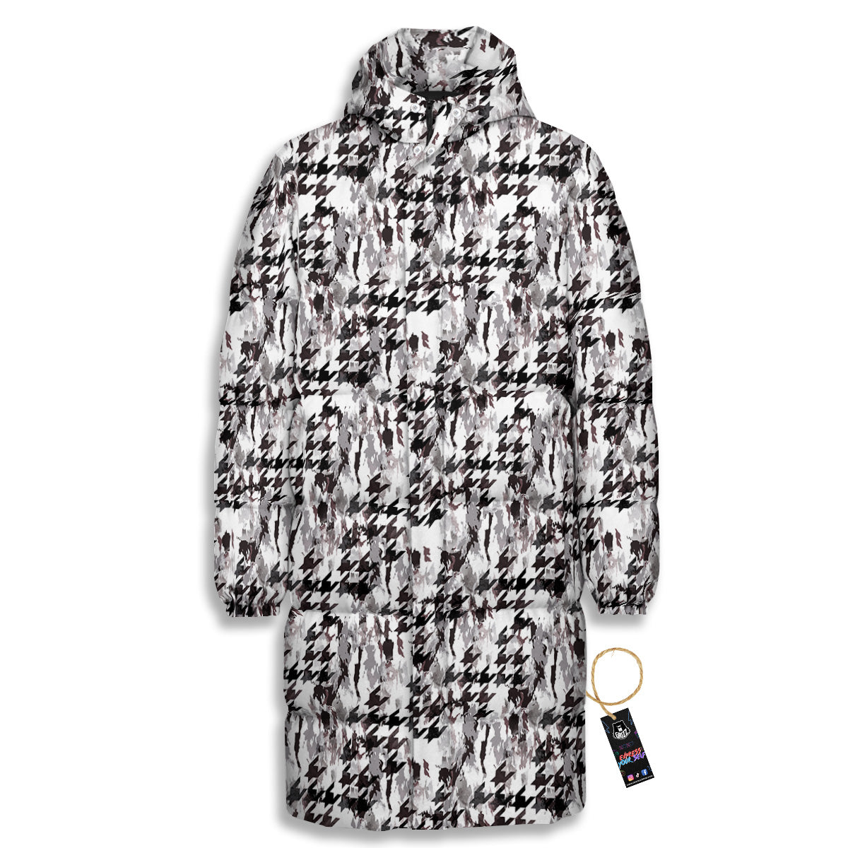 Abstract Houndstooth And Camo Print Pattern Long Down Jacket-grizzshop
