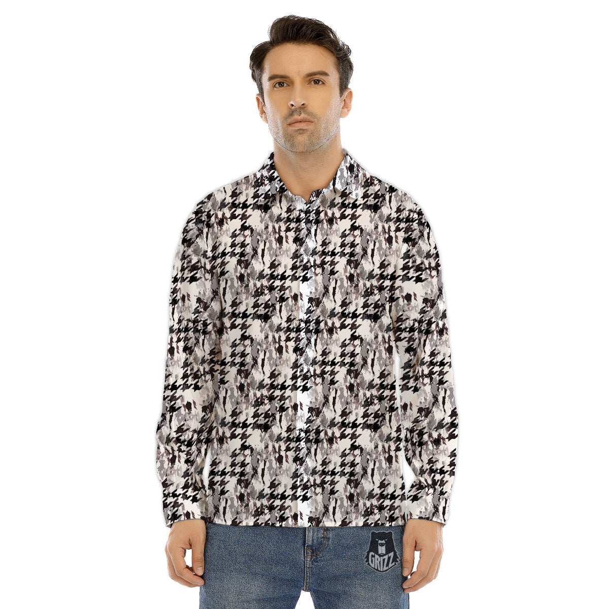 Abstract Houndstooth And Camo Print Pattern Men's Dress Shirts-grizzshop