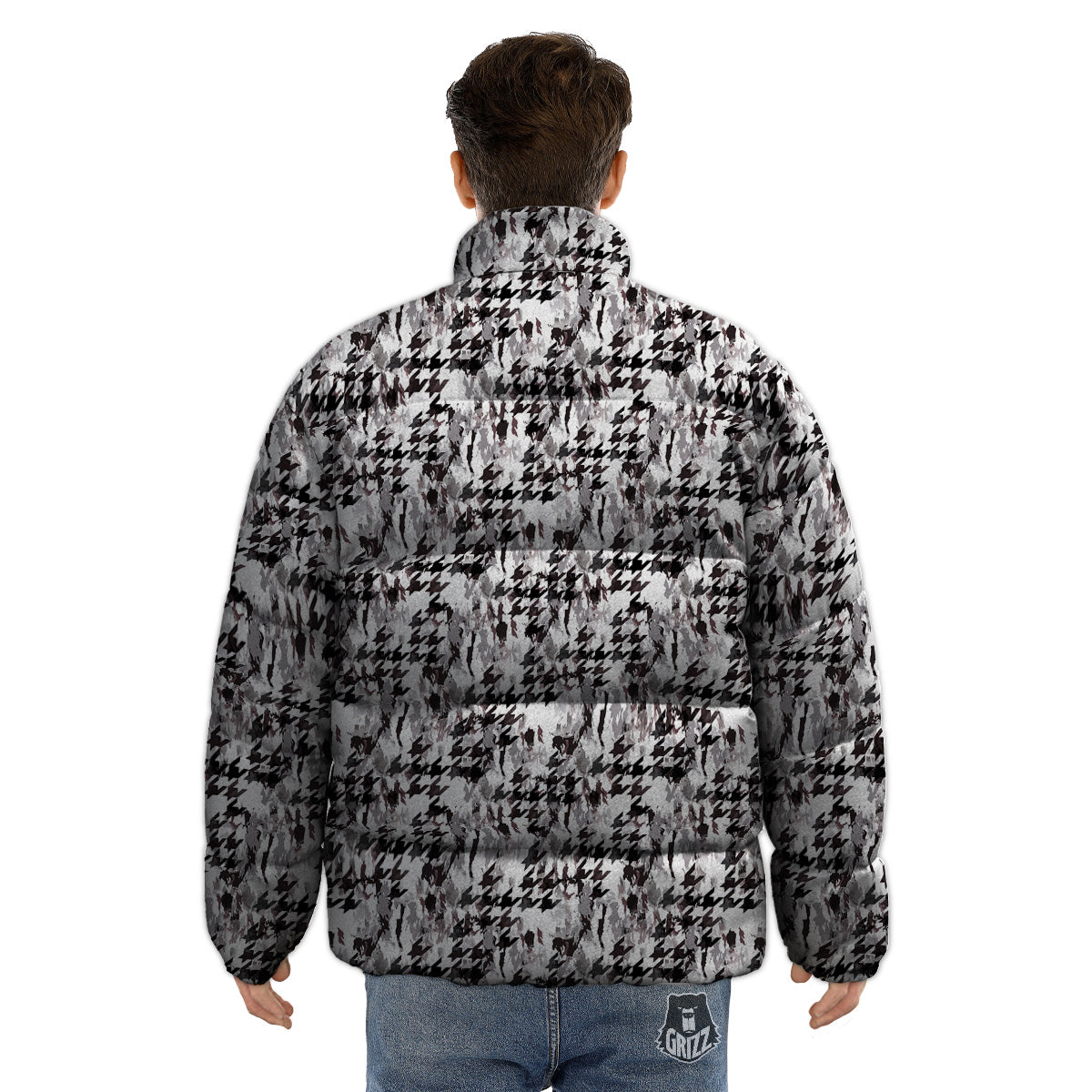 Abstract Houndstooth And Camo Print Pattern Puffer Jacket-grizzshop