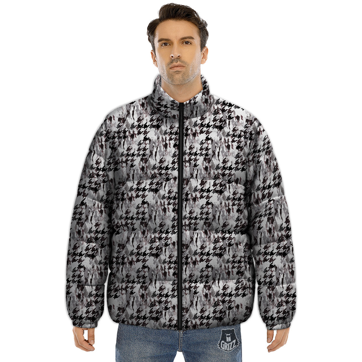 Abstract Houndstooth And Camo Print Pattern Puffer Jacket-grizzshop