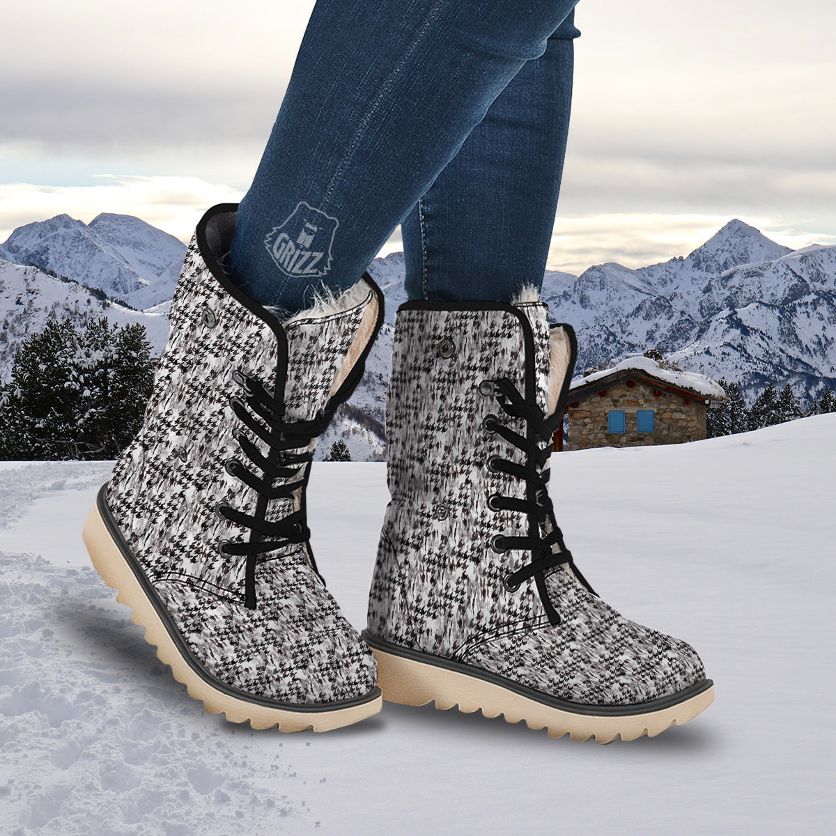 Abstract Houndstooth And Camo Print Pattern Snow Boots-grizzshop