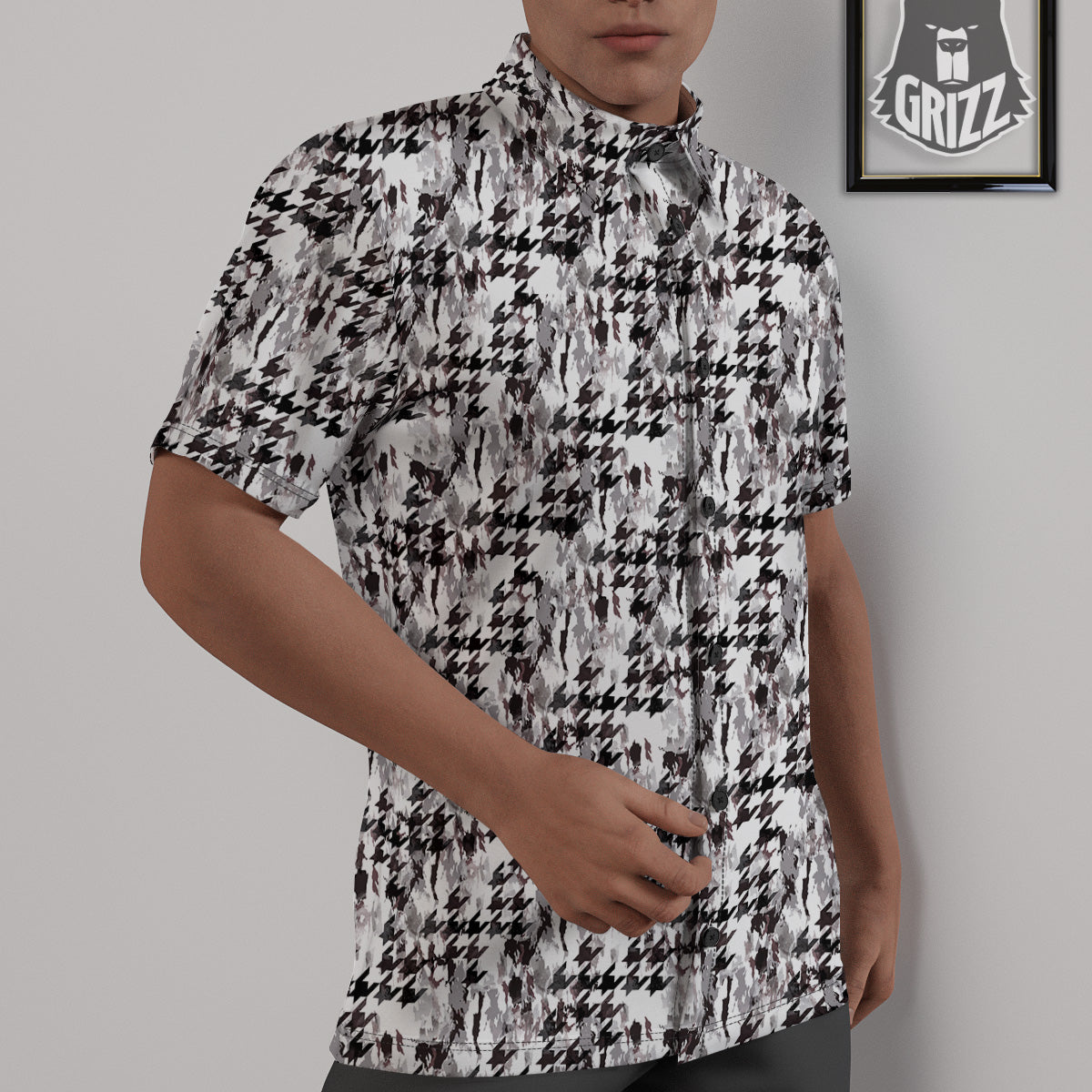 Abstract Houndstooth And Camo Print Pattern Untucked Shirts-grizzshop