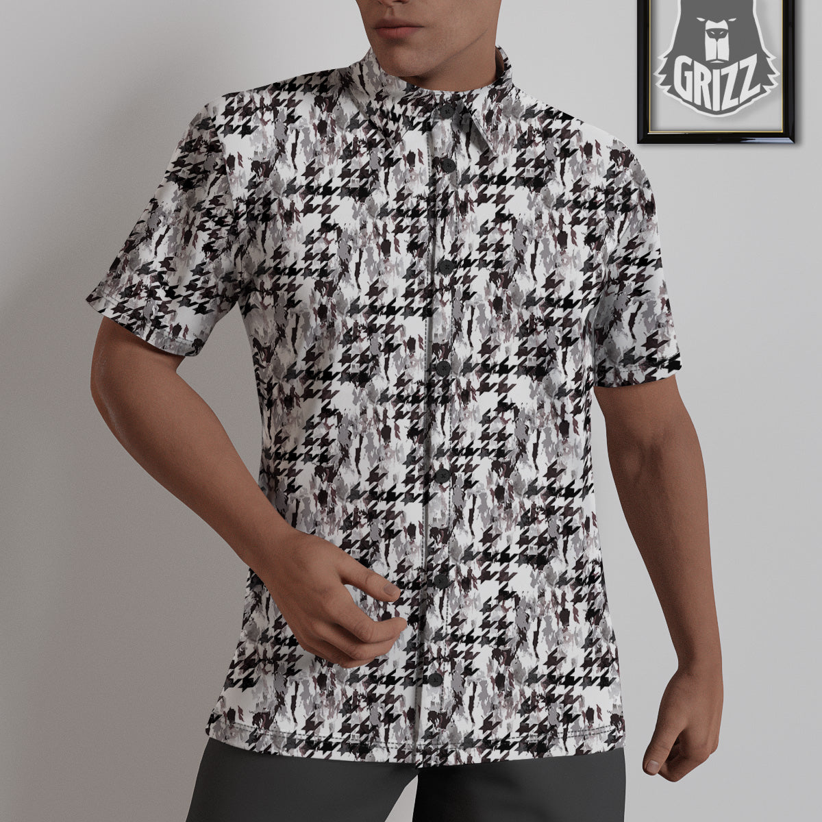 Abstract Houndstooth And Camo Print Pattern Untucked Shirts-grizzshop