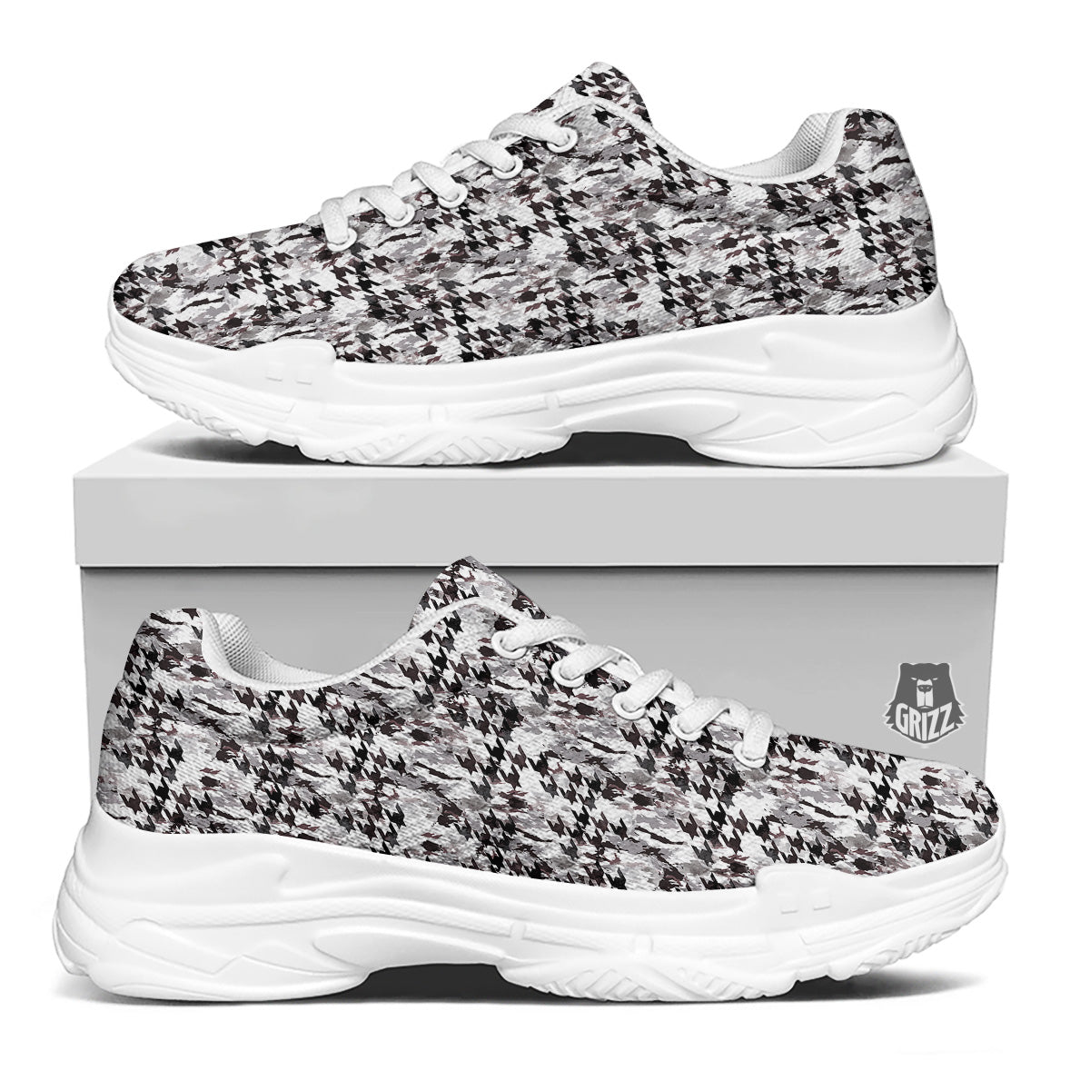 Abstract Houndstooth And Camo Print Pattern White Chunky Shoes-grizzshop