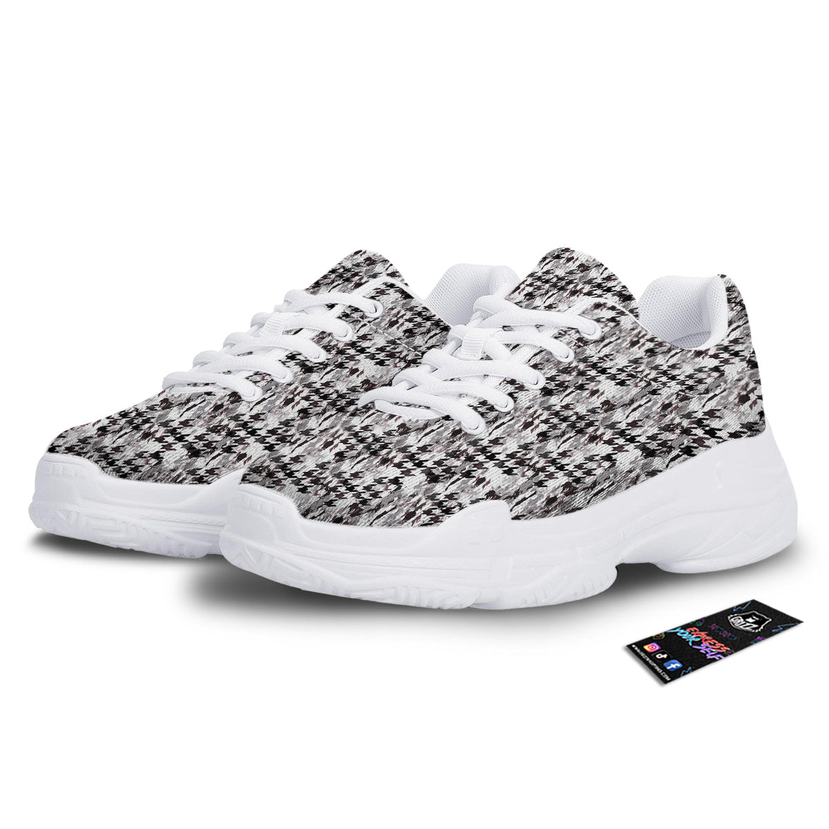 Abstract Houndstooth And Camo Print Pattern White Chunky Shoes-grizzshop